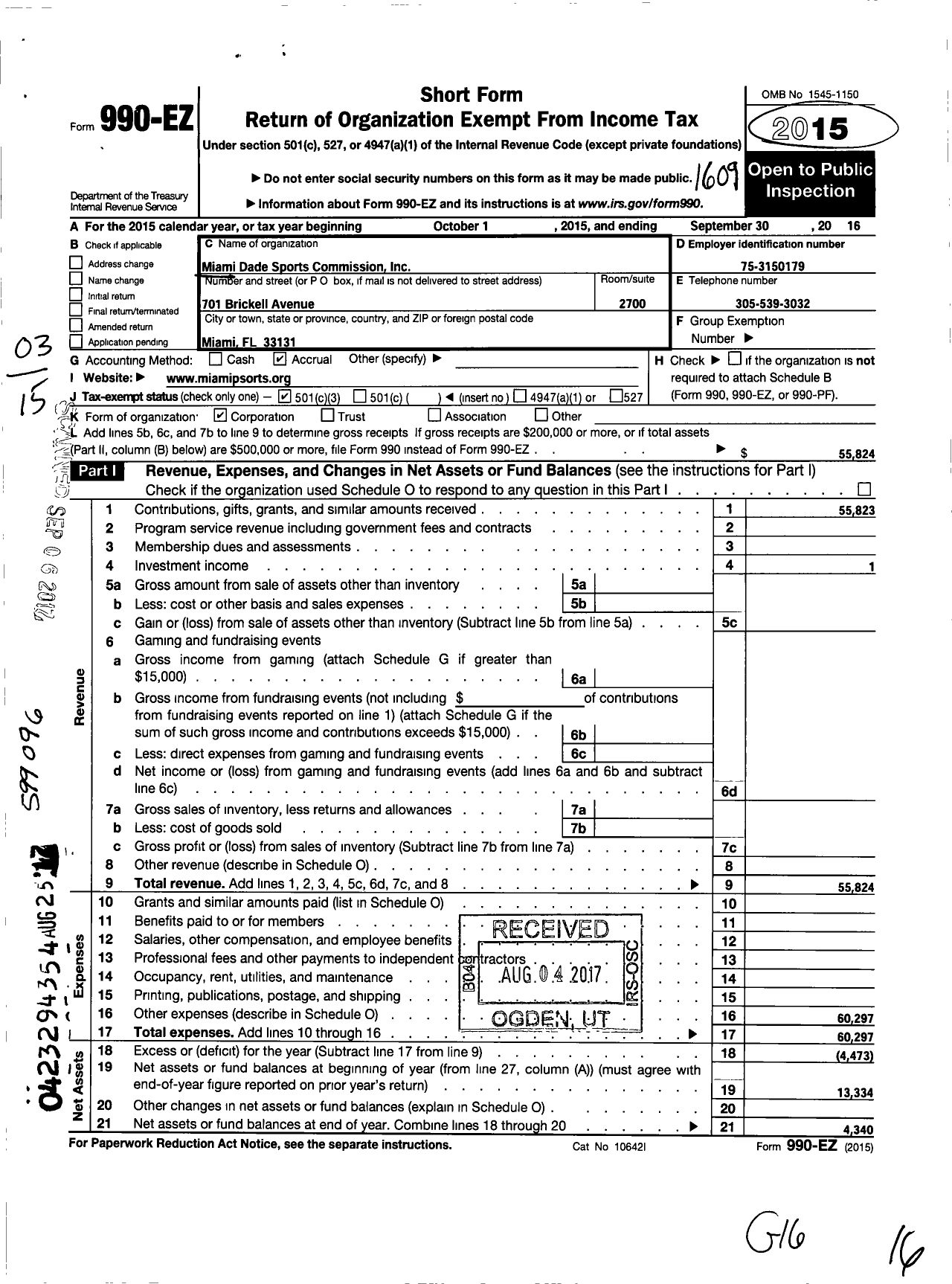 Image of first page of 2015 Form 990EZ for Miami-Dade Sports Commission