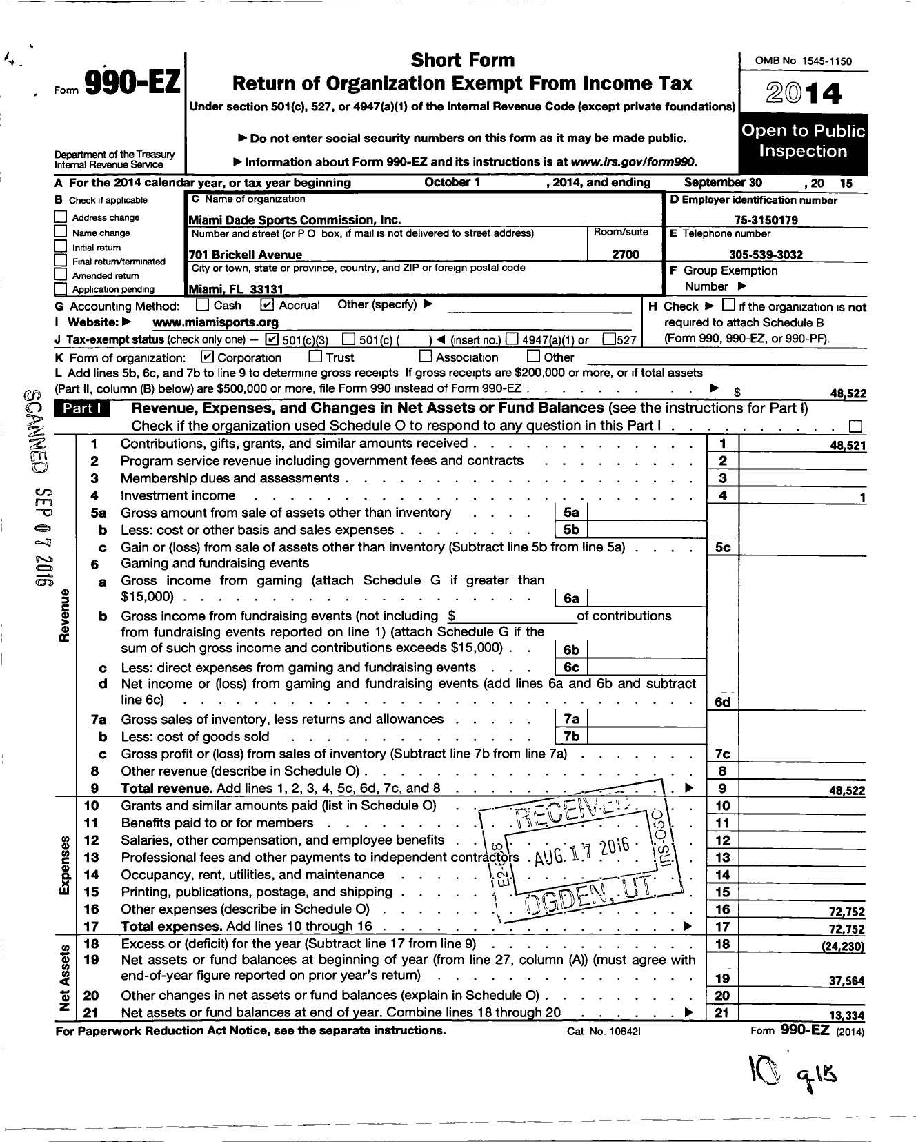 Image of first page of 2014 Form 990EZ for Miami-Dade Sports Commission