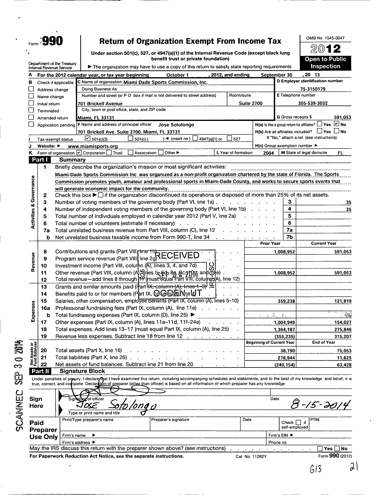 Image of first page of 2012 Form 990 for Miami-Dade Sports Commission