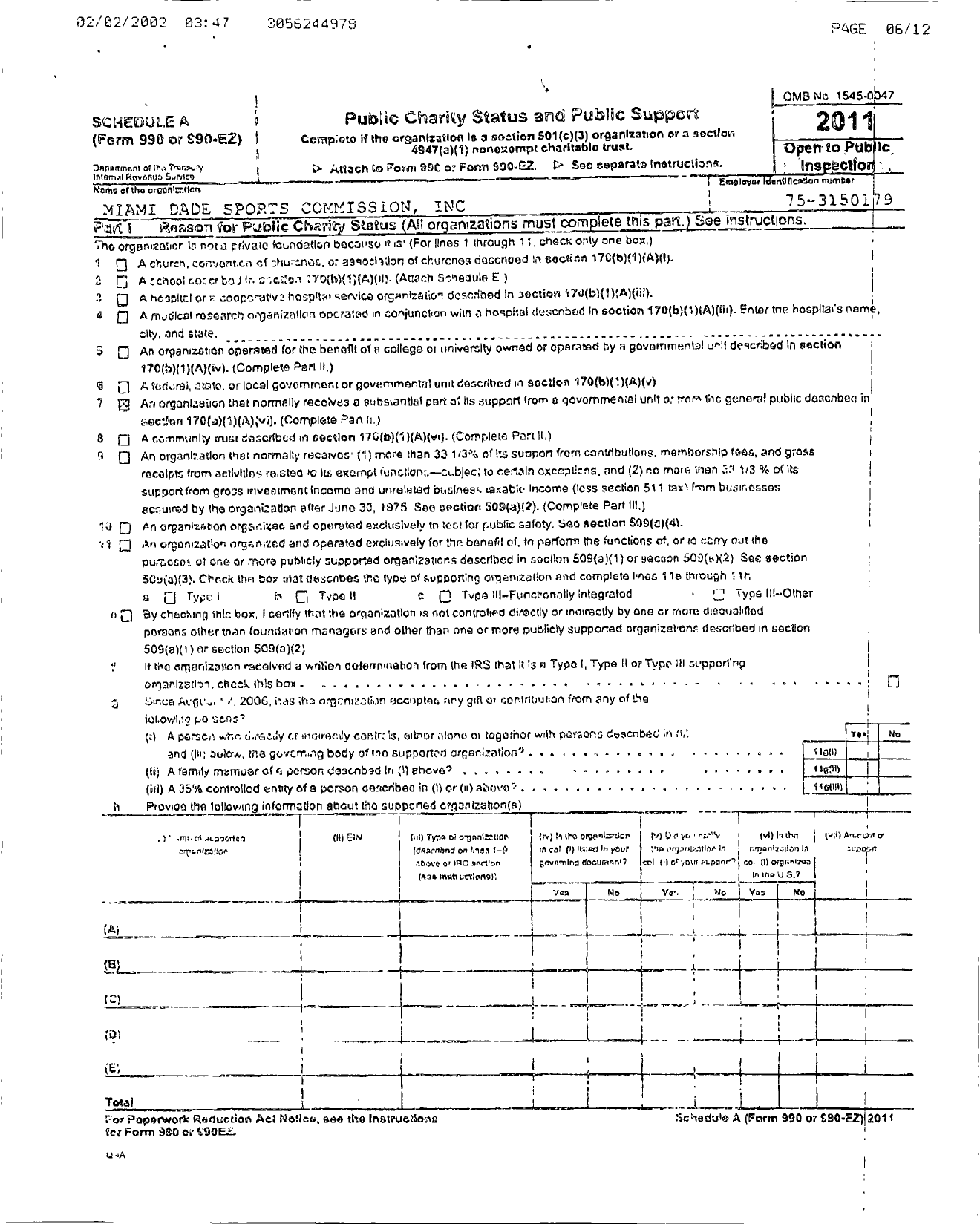 Image of first page of 2011 Form 990R for Miami-Dade Sports Commission