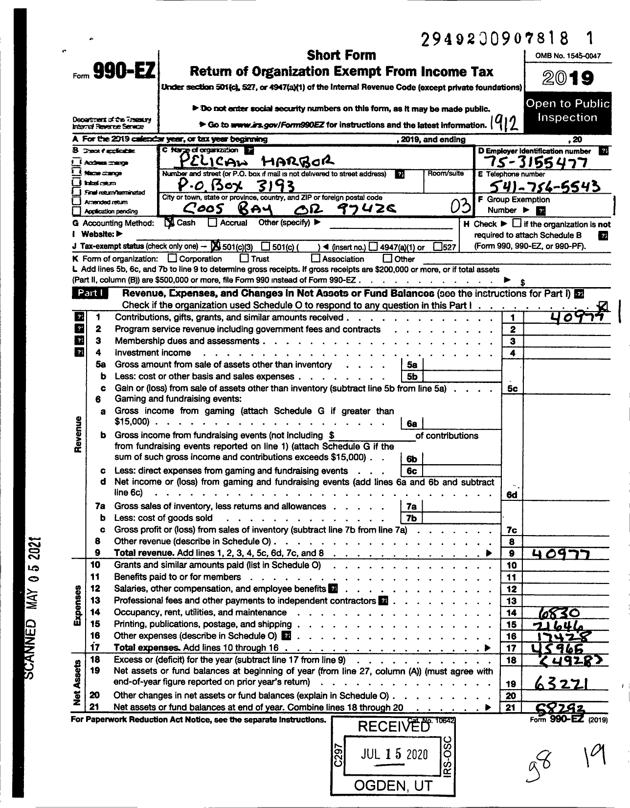 Image of first page of 2019 Form 990EZ for Pelican Harbor