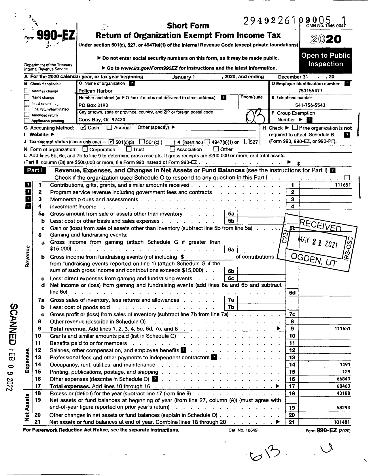 Image of first page of 2020 Form 990EZ for Pelican Harbor