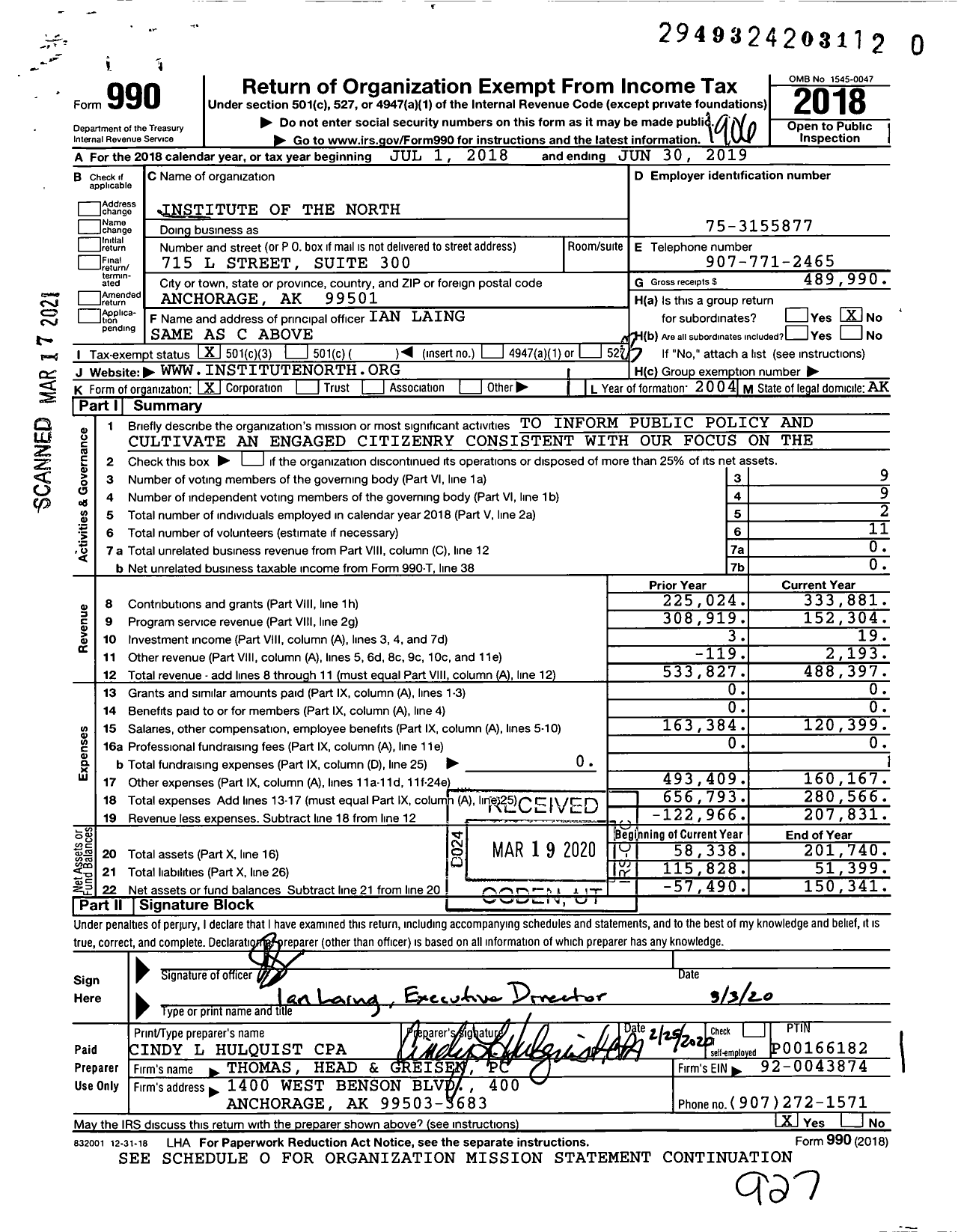 Image of first page of 2018 Form 990 for Institute of the North