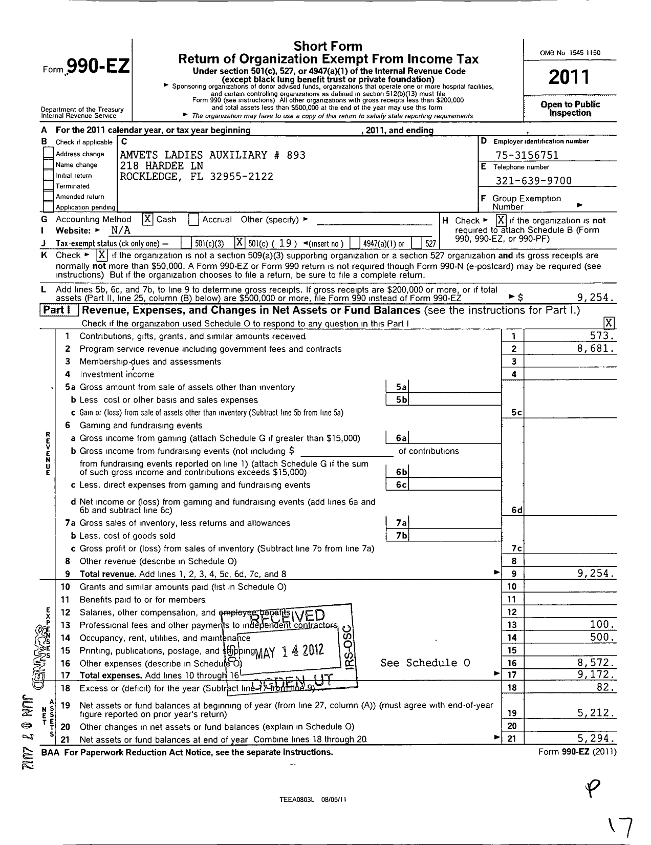 Image of first page of 2011 Form 990EO for Amvets - 893