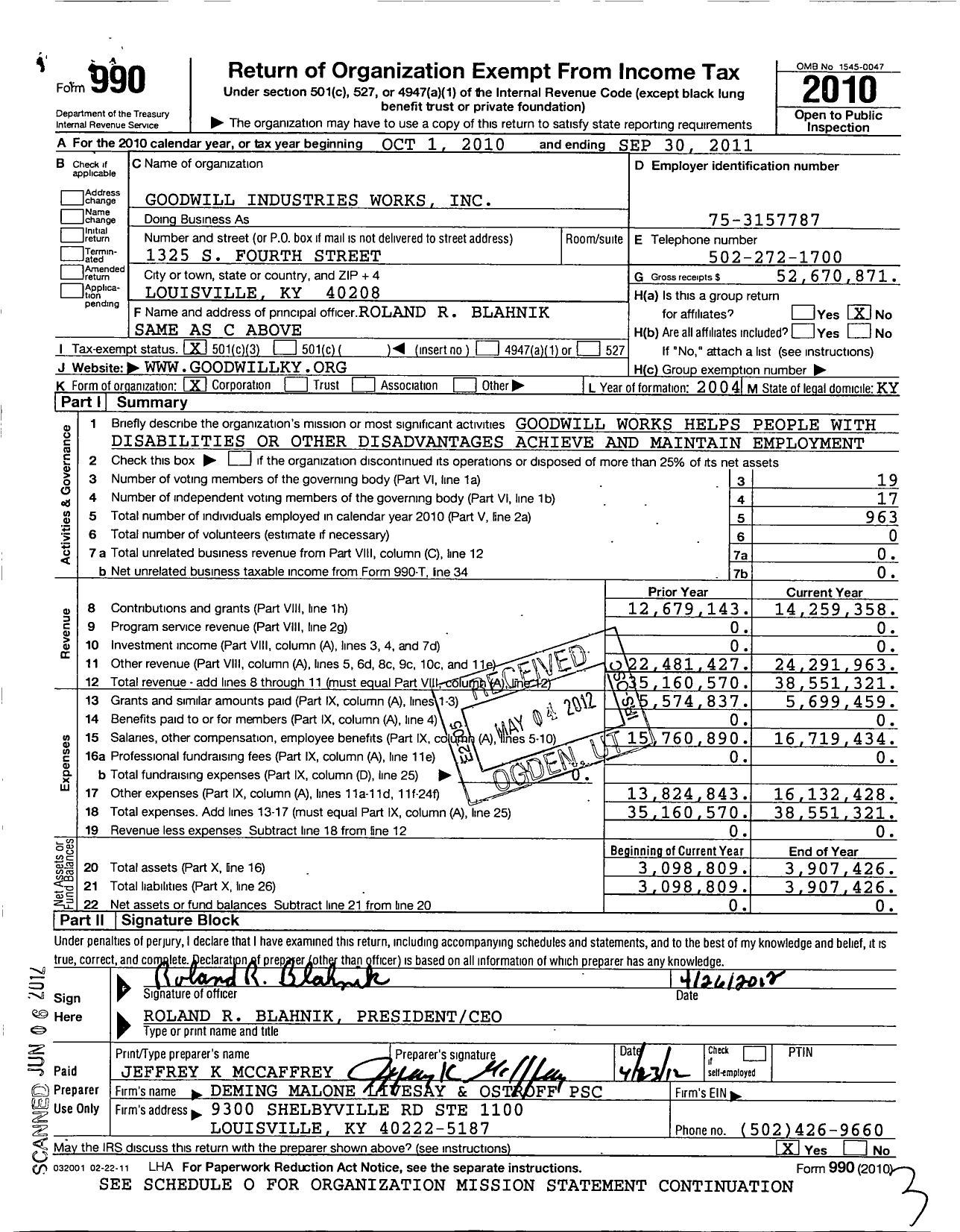 Image of first page of 2010 Form 990 for Goodwill Industries of Kentucky