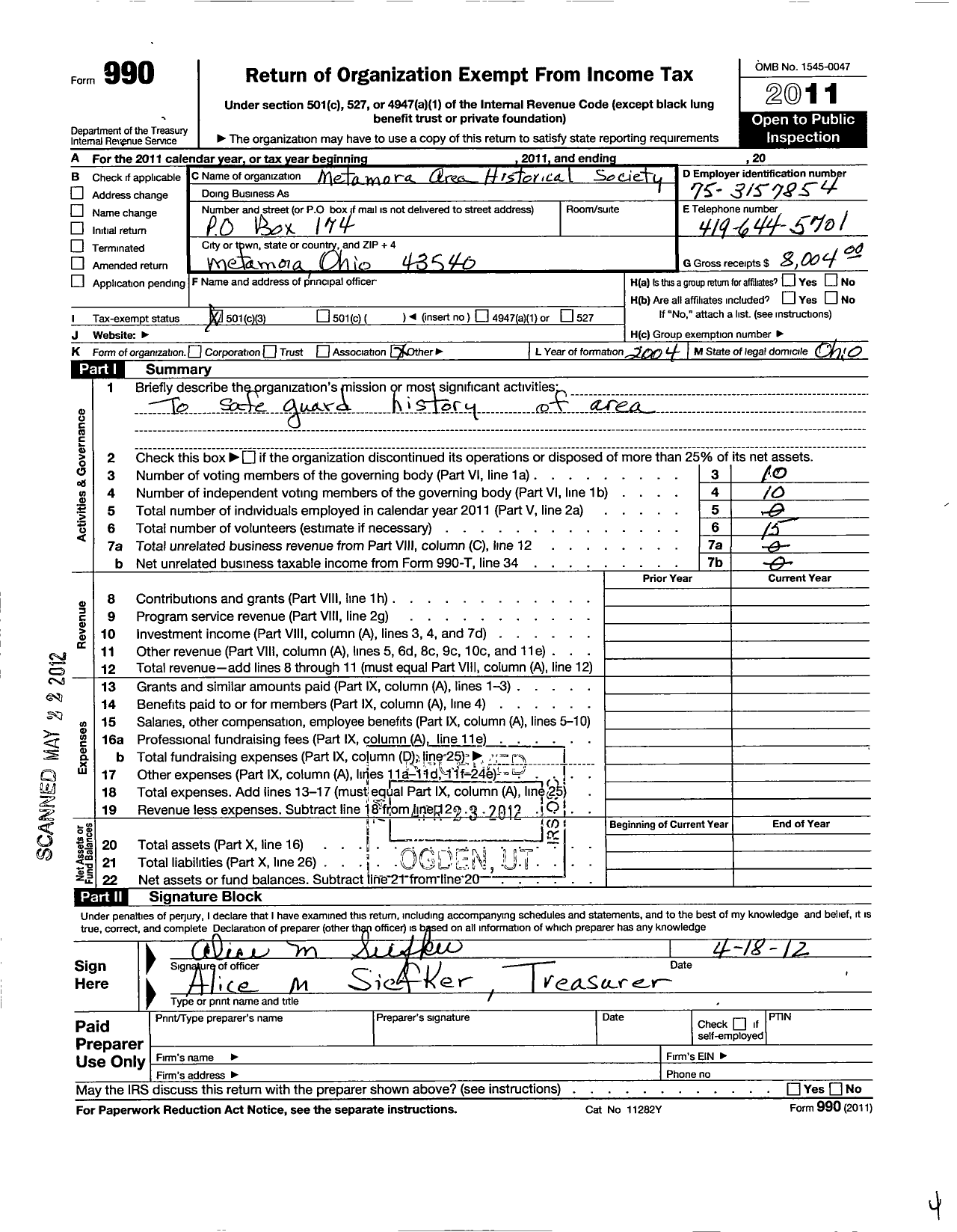 Image of first page of 2011 Form 990 for Metamora Area Historical Society