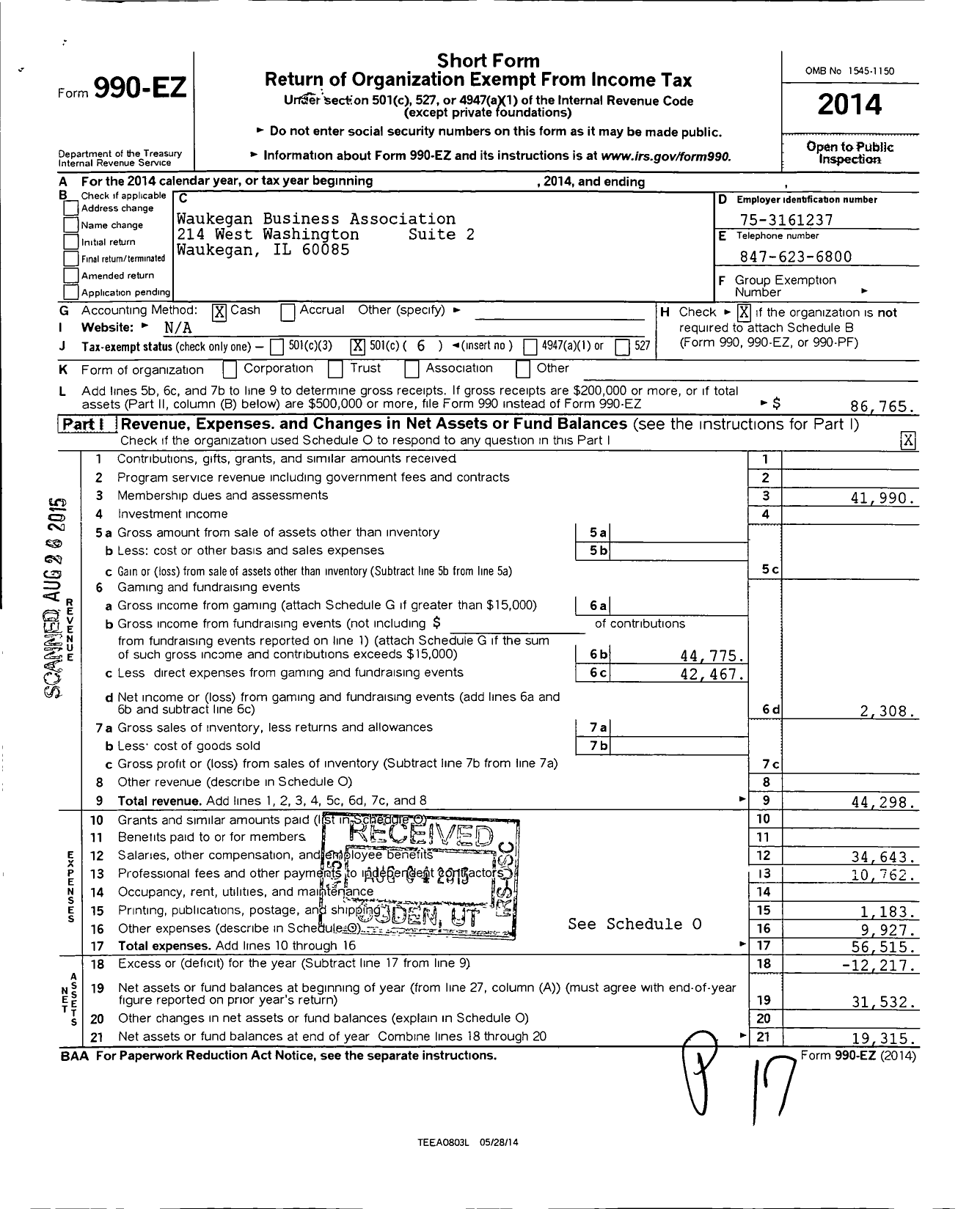 Image of first page of 2014 Form 990EO for Waukegan Business Association