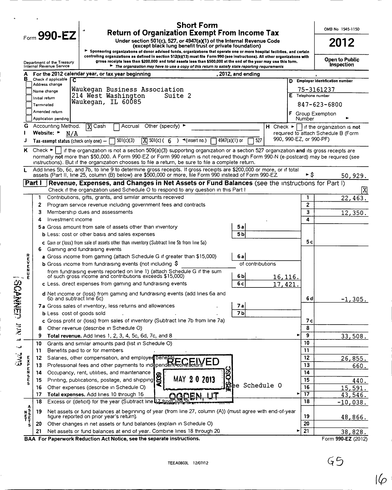 Image of first page of 2012 Form 990EO for Waukegan Business Association