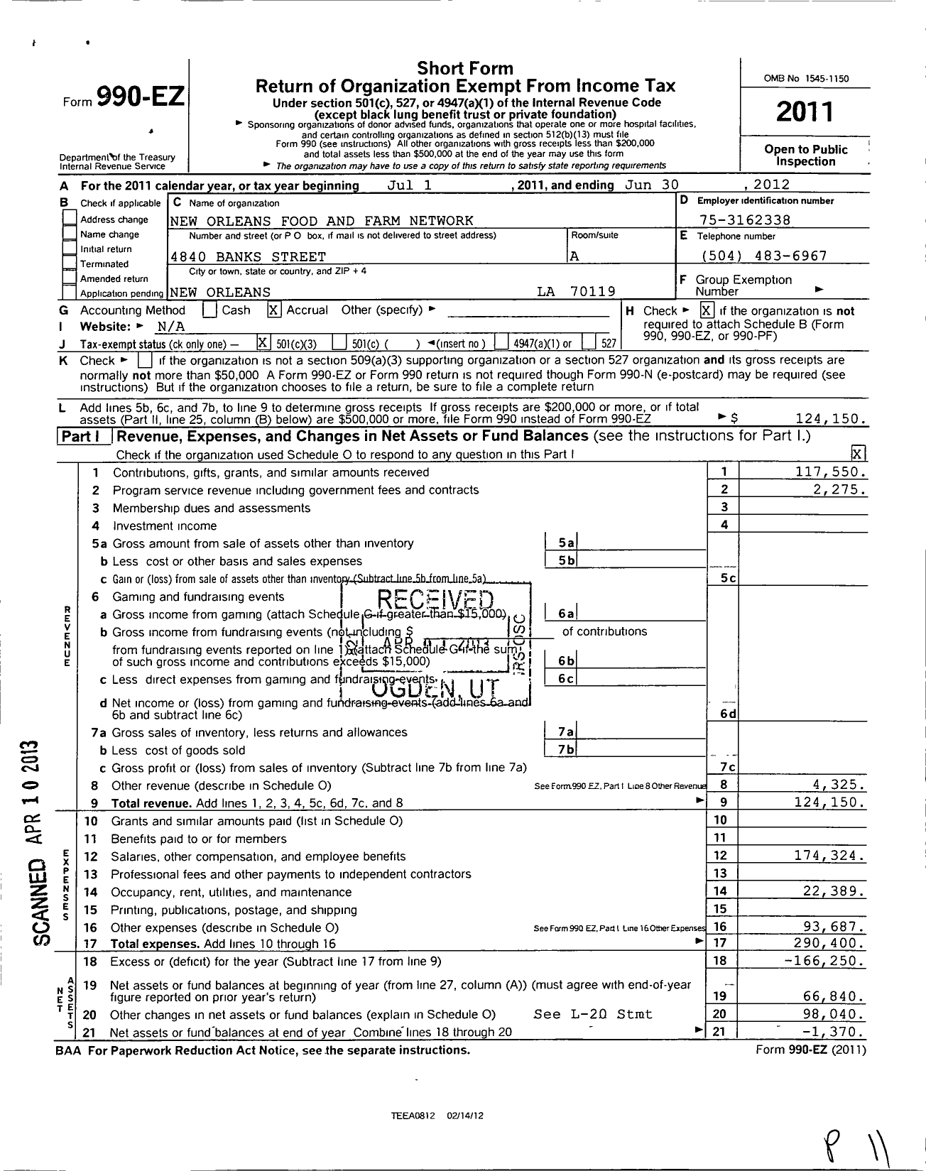 Image of first page of 2011 Form 990EZ for New Orleans Food and Farm Network