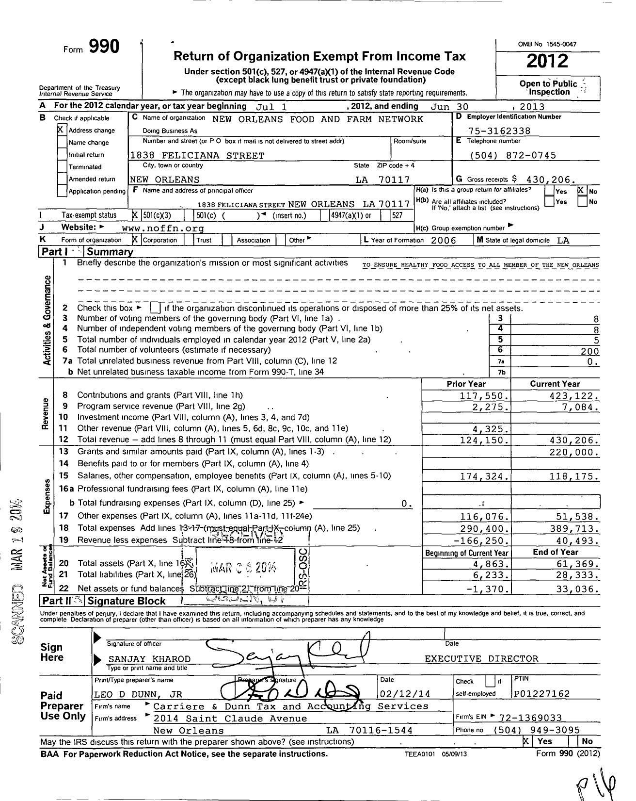 Image of first page of 2012 Form 990 for New Orleans Food and Farm Network