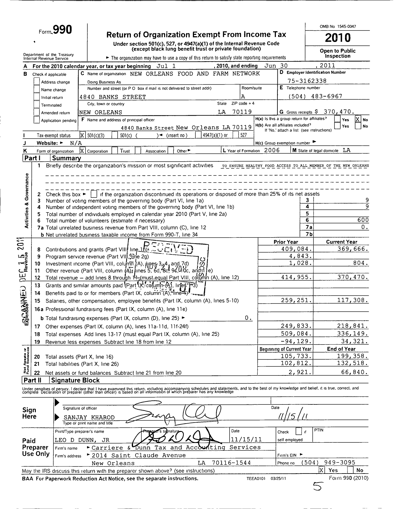 Image of first page of 2010 Form 990 for New Orleans Food and Farm Network