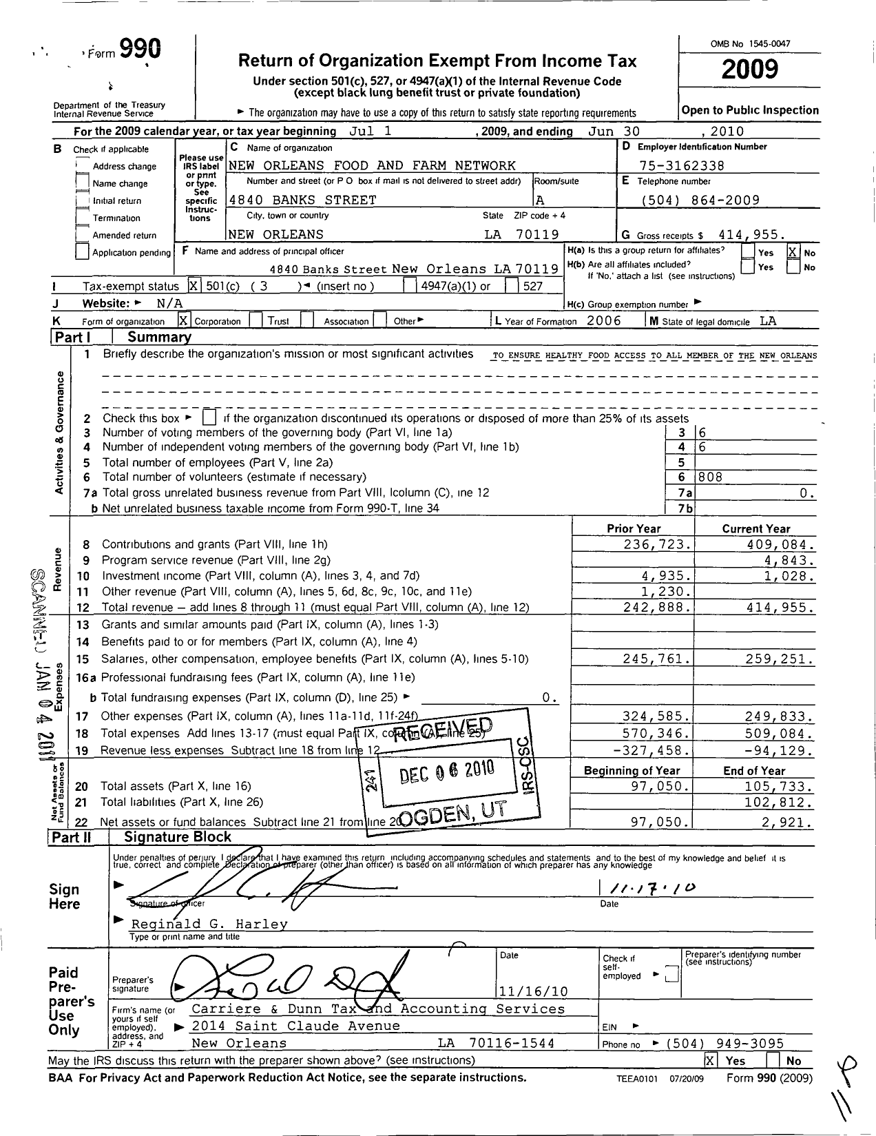 Image of first page of 2009 Form 990 for New Orleans Food and Farm Network