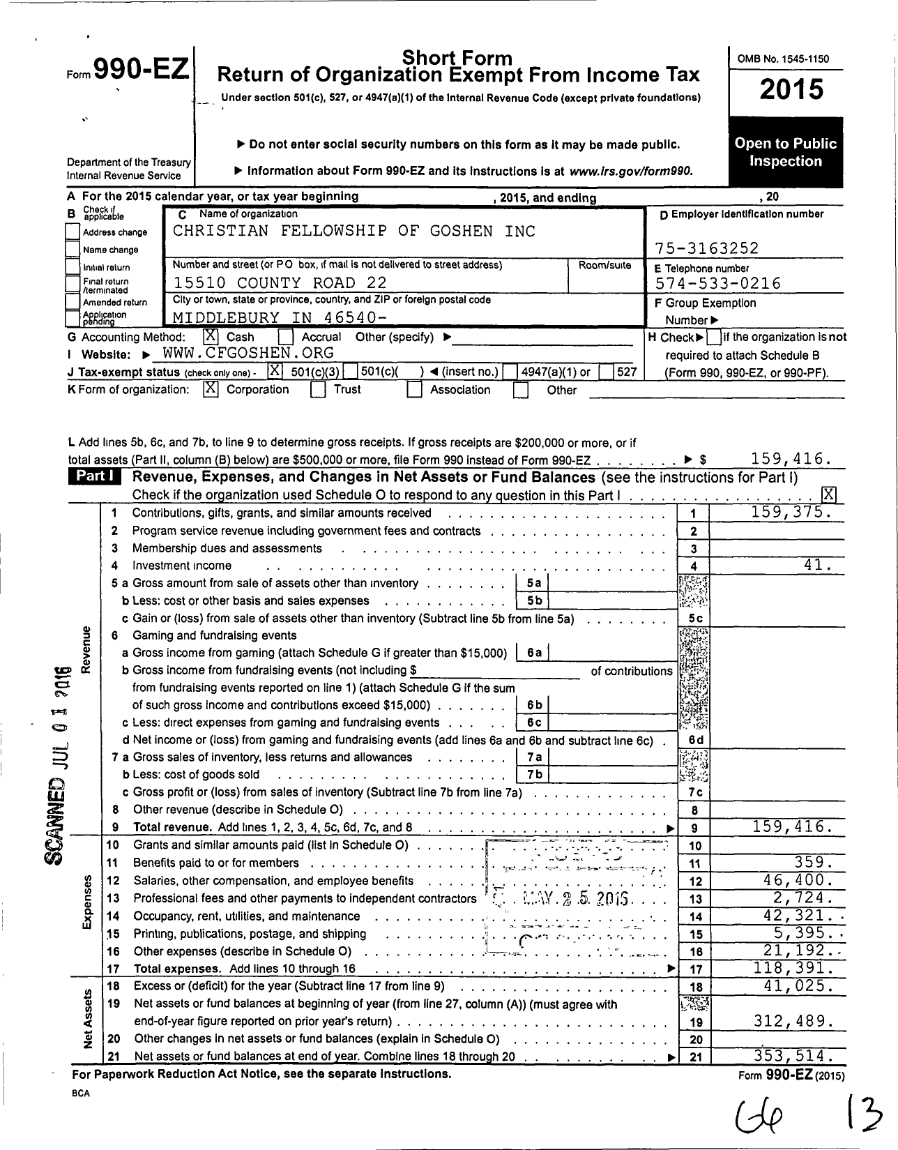 Image of first page of 2015 Form 990EZ for Pleasant Ridge Christian Fellow