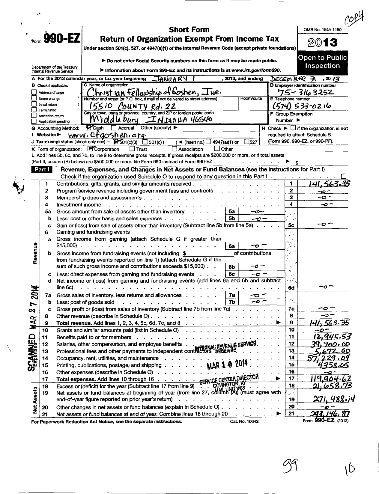 Image of first page of 2013 Form 990EZ for Pleasant Ridge Christian Fellow