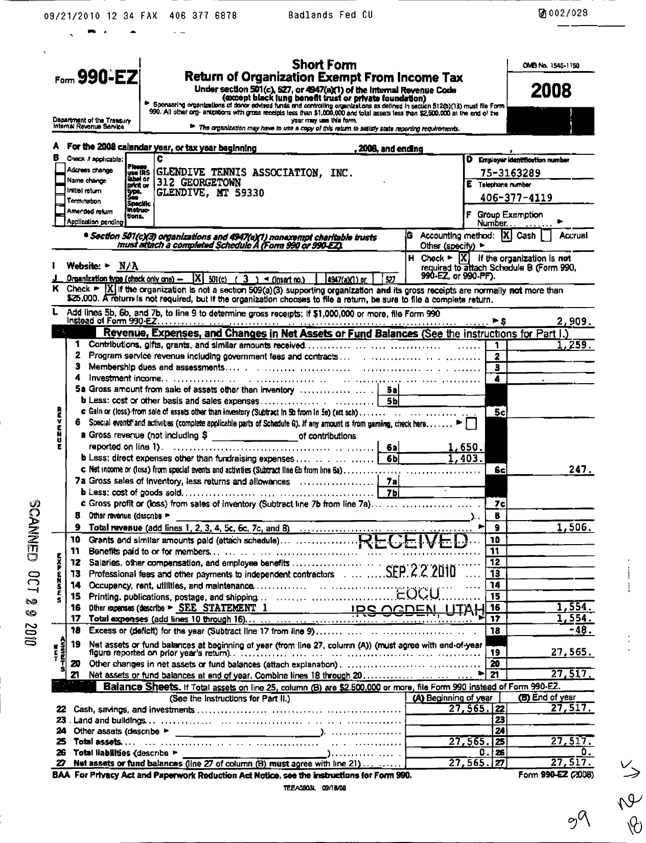 Image of first page of 2008 Form 990EZ for Glendive Tennis Association