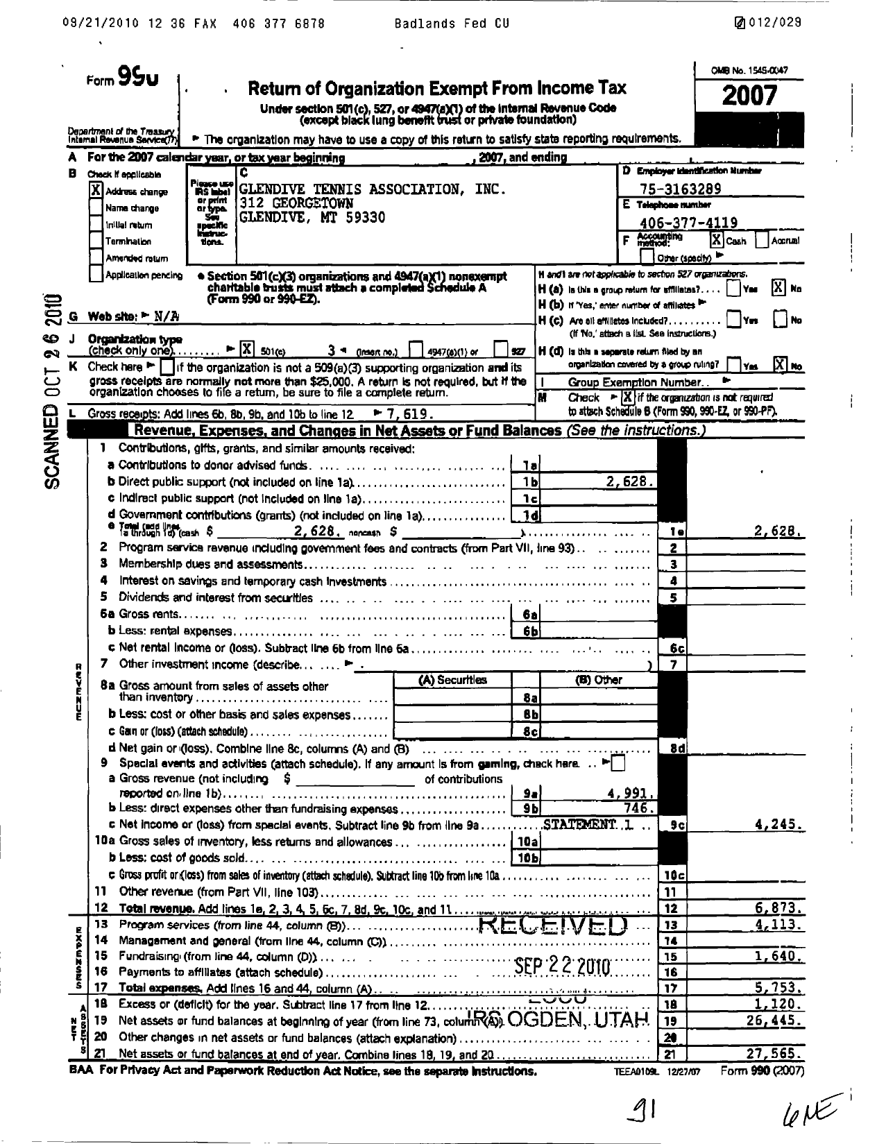 Image of first page of 2007 Form 990 for Glendive Tennis Association