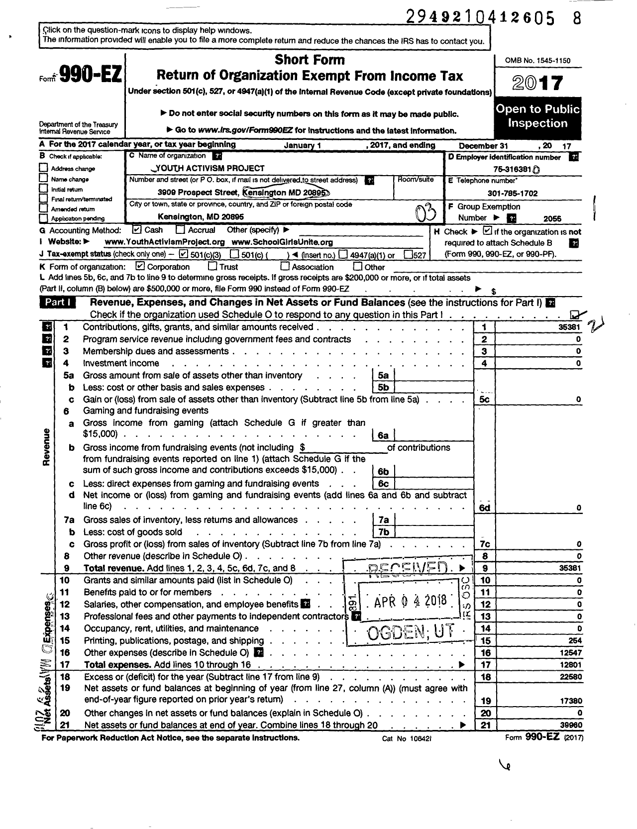 Image of first page of 2017 Form 990EZ for Youth Activism Project