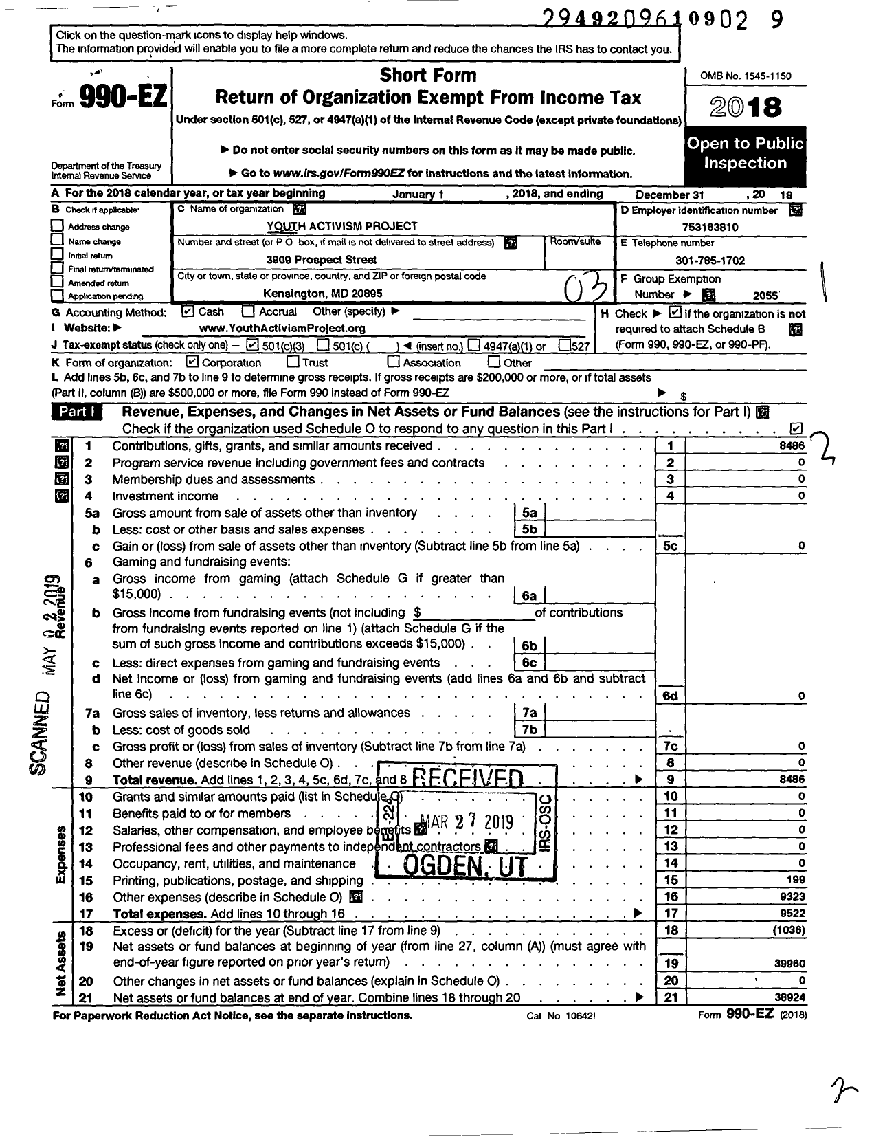 Image of first page of 2018 Form 990EZ for Youth Activism Project