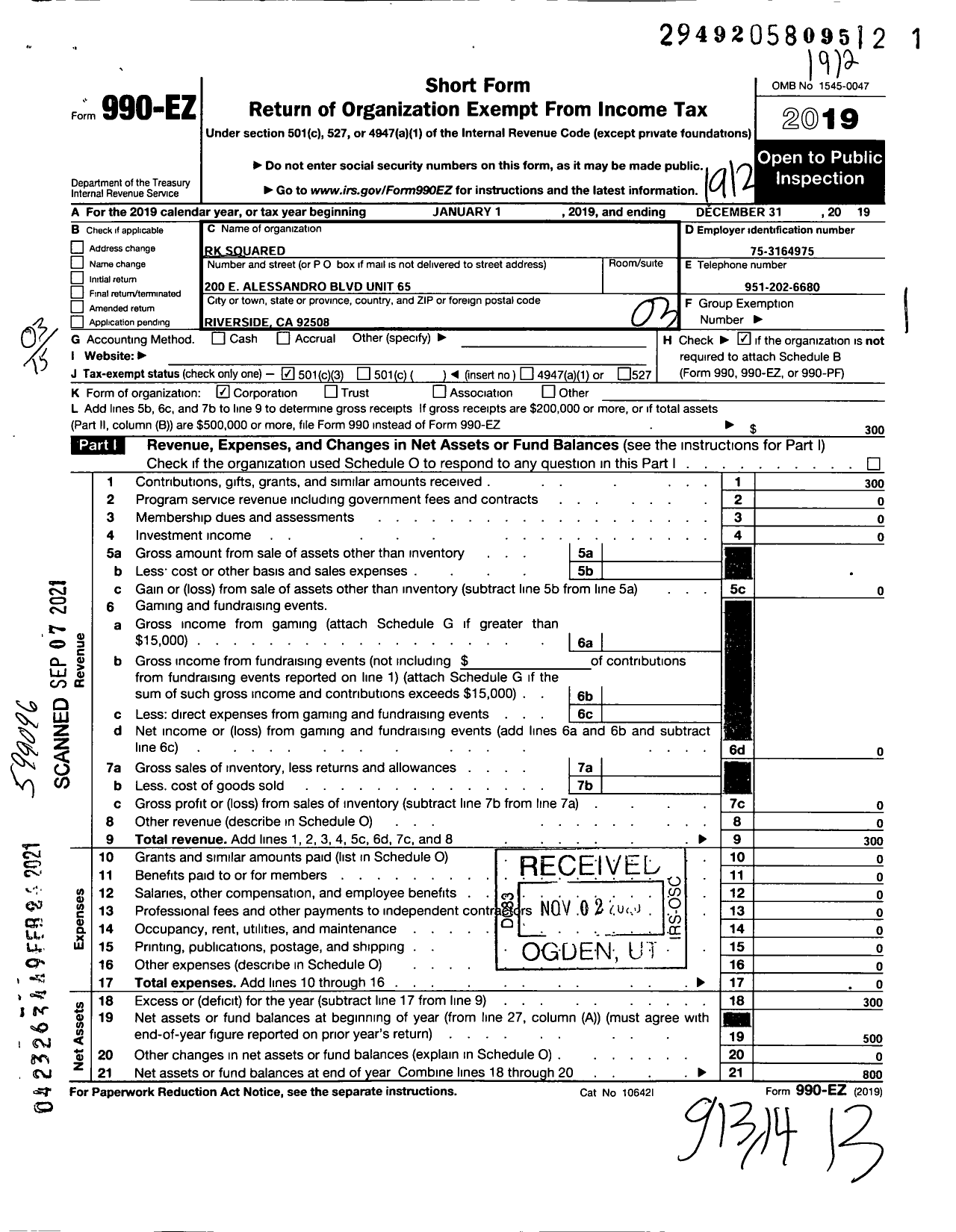 Image of first page of 2019 Form 990EZ for RK Squared