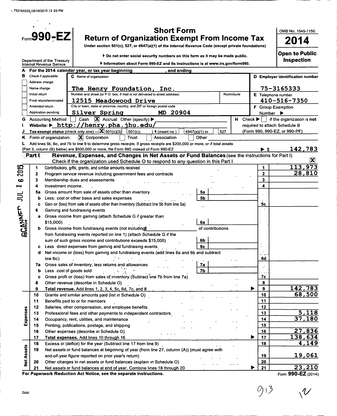 Image of first page of 2014 Form 990EZ for The Henry Foundation