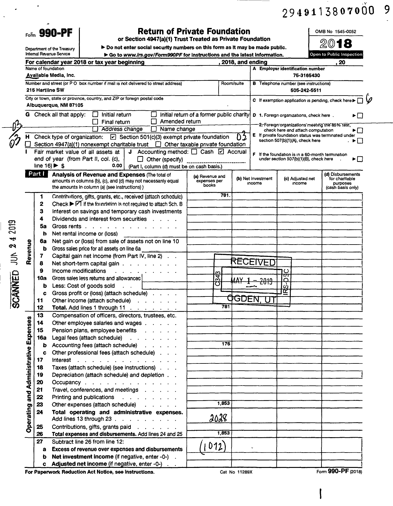 Image of first page of 2018 Form 990PF for Available Media