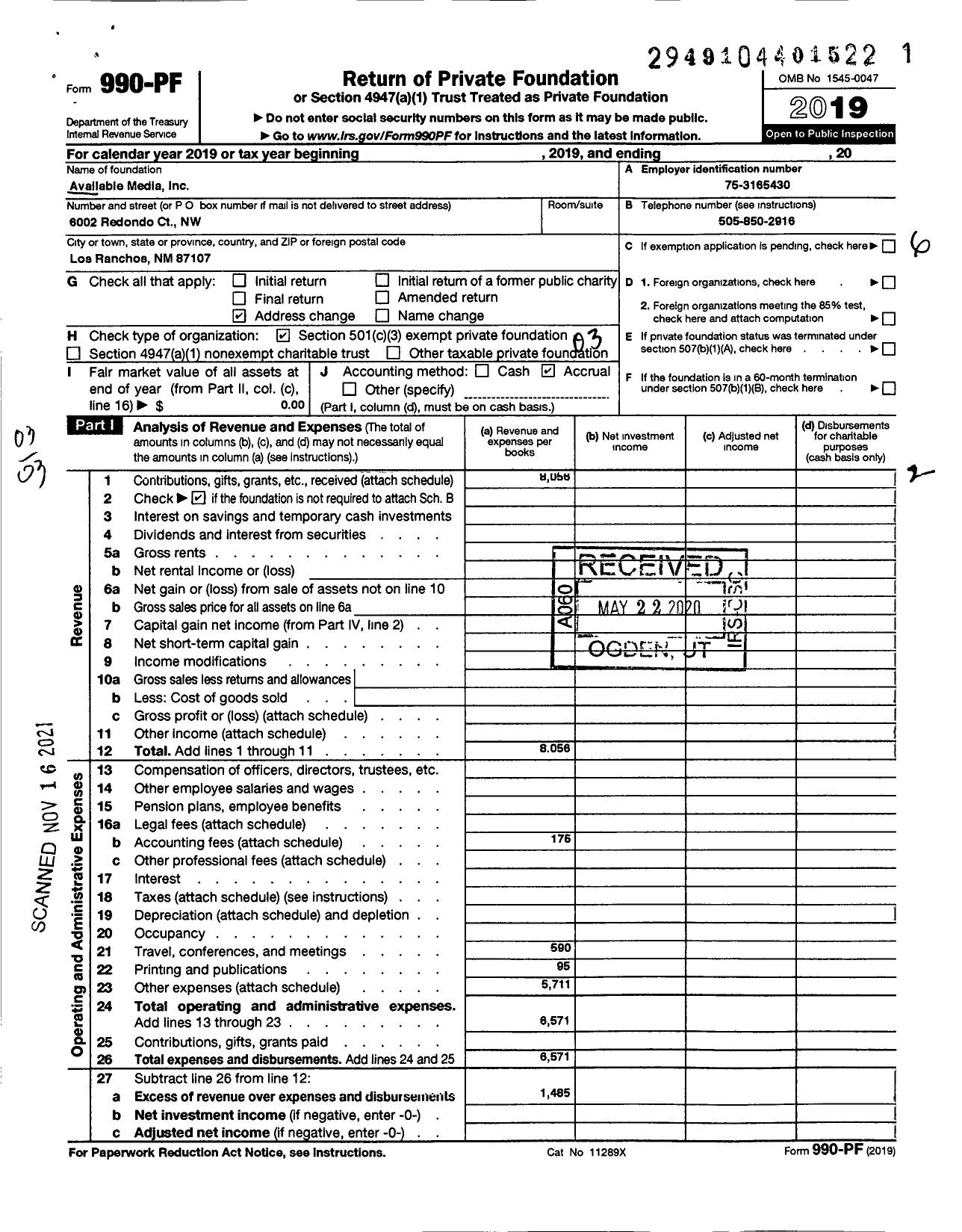 Image of first page of 2019 Form 990PF for Available Media