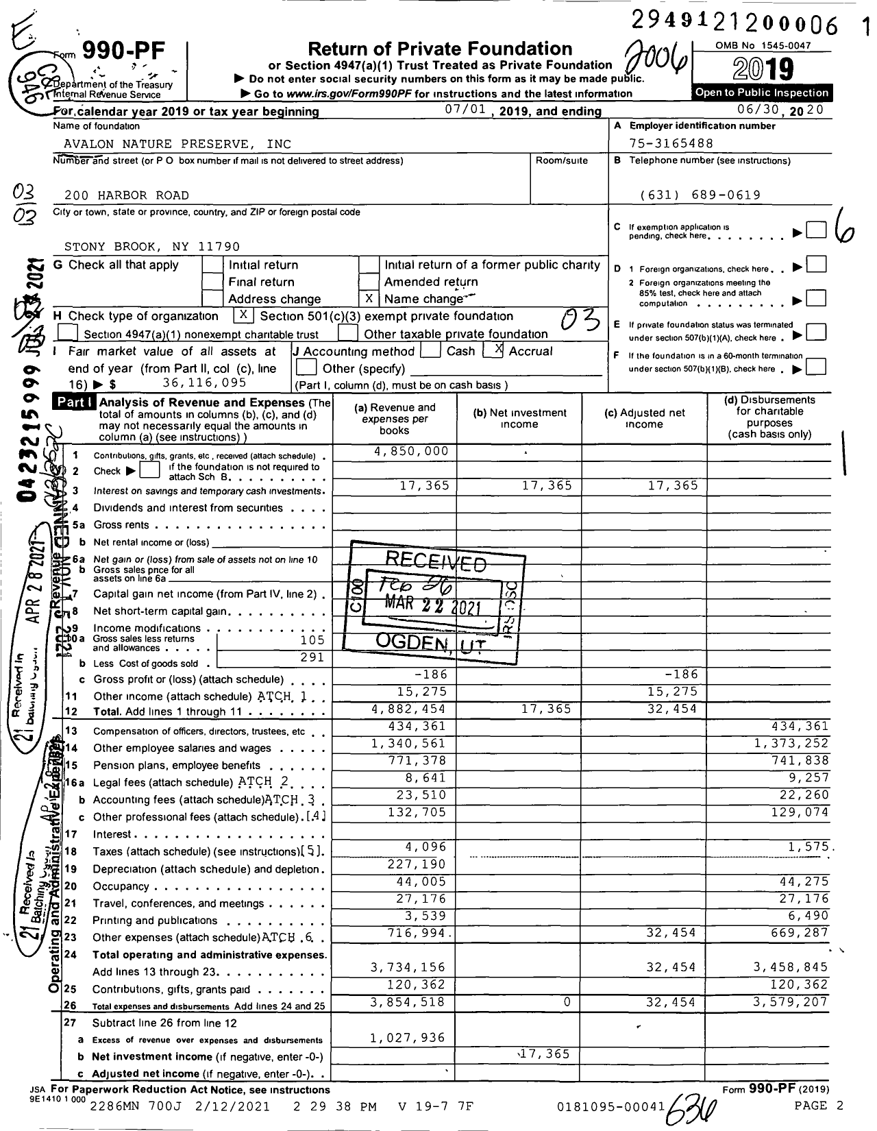 Image of first page of 2019 Form 990PF for Avalon Nature Preserve