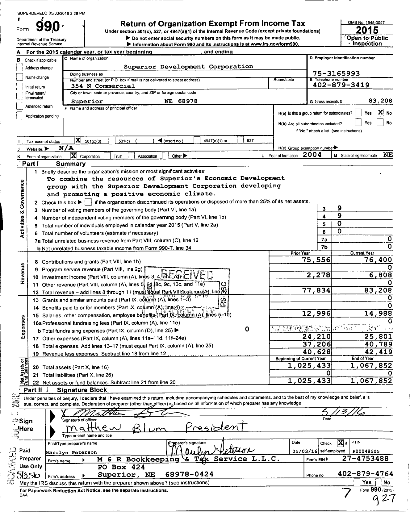 Image of first page of 2015 Form 990 for Superior Development Corporation
