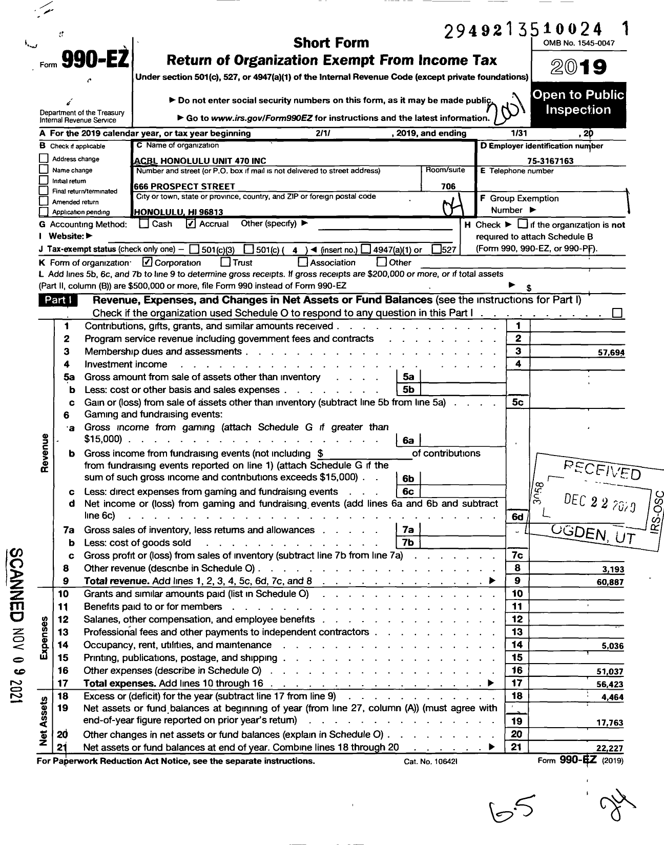 Image of first page of 2019 Form 990EO for Acbl Honolulu Unit 470