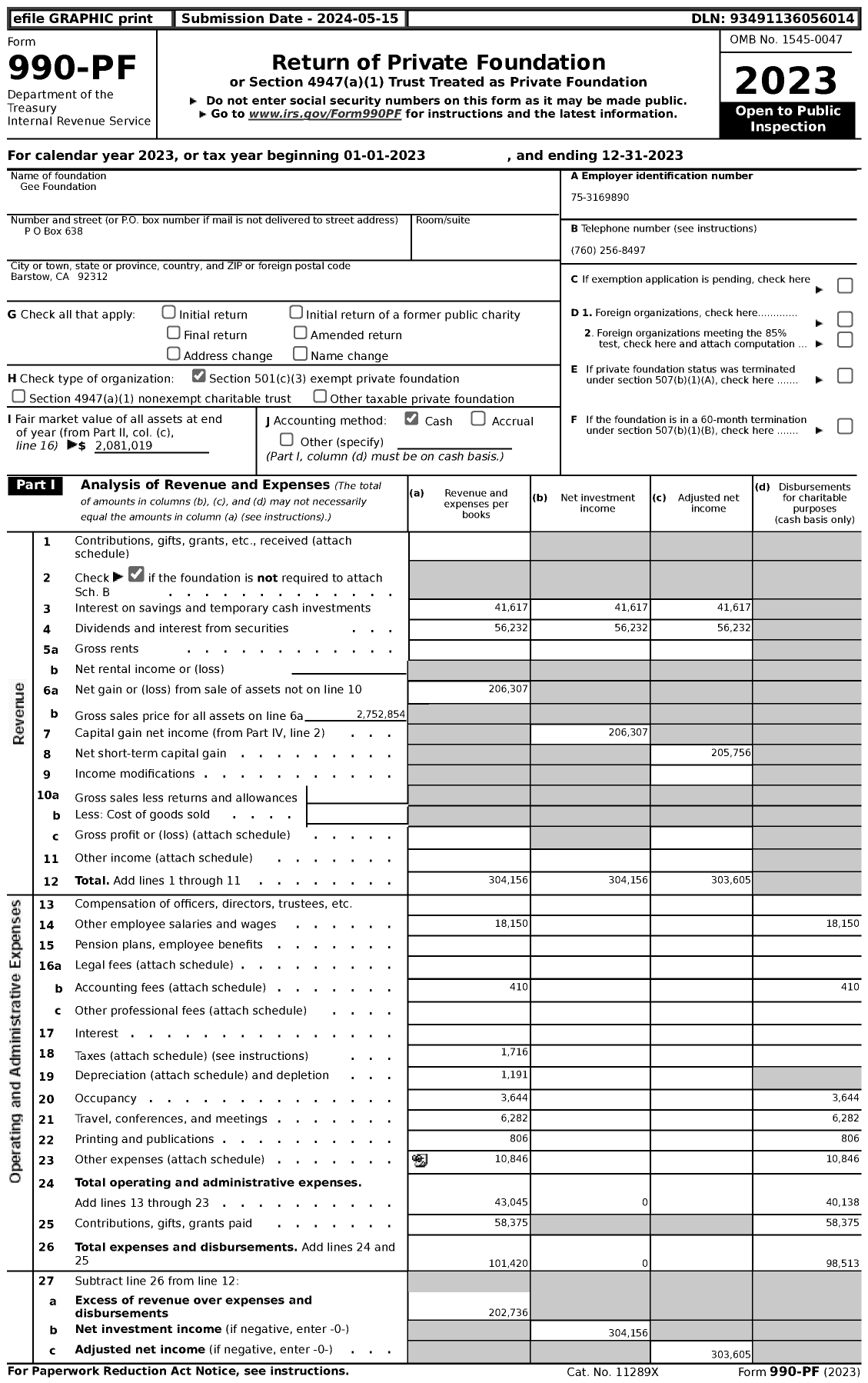 Image of first page of 2023 Form 990PF for Gee Foundation