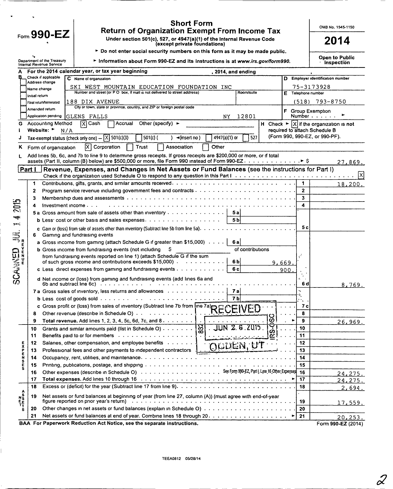 Image of first page of 2014 Form 990EZ for The West Mountain School