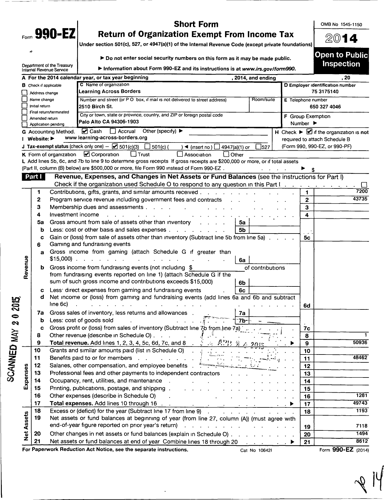 Image of first page of 2014 Form 990EZ for Learning Across Borders