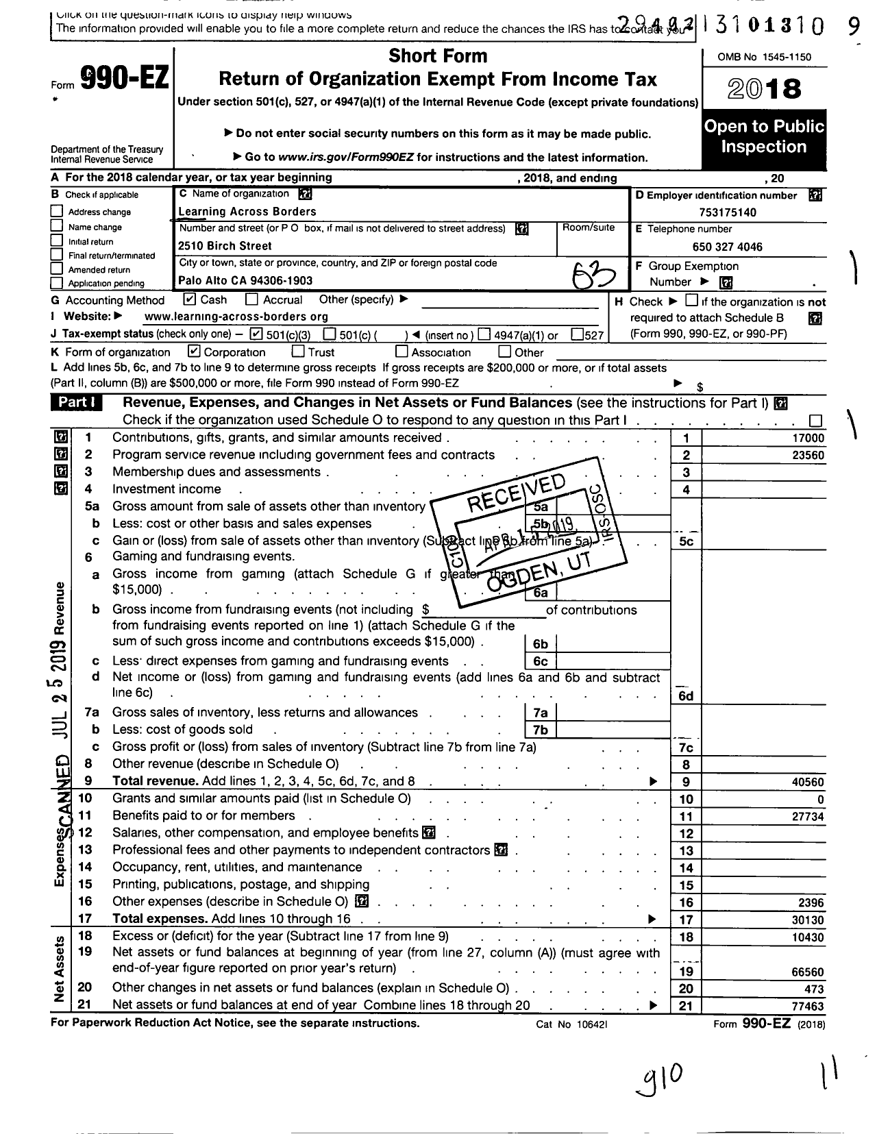 Image of first page of 2018 Form 990EZ for Learning Across Borders