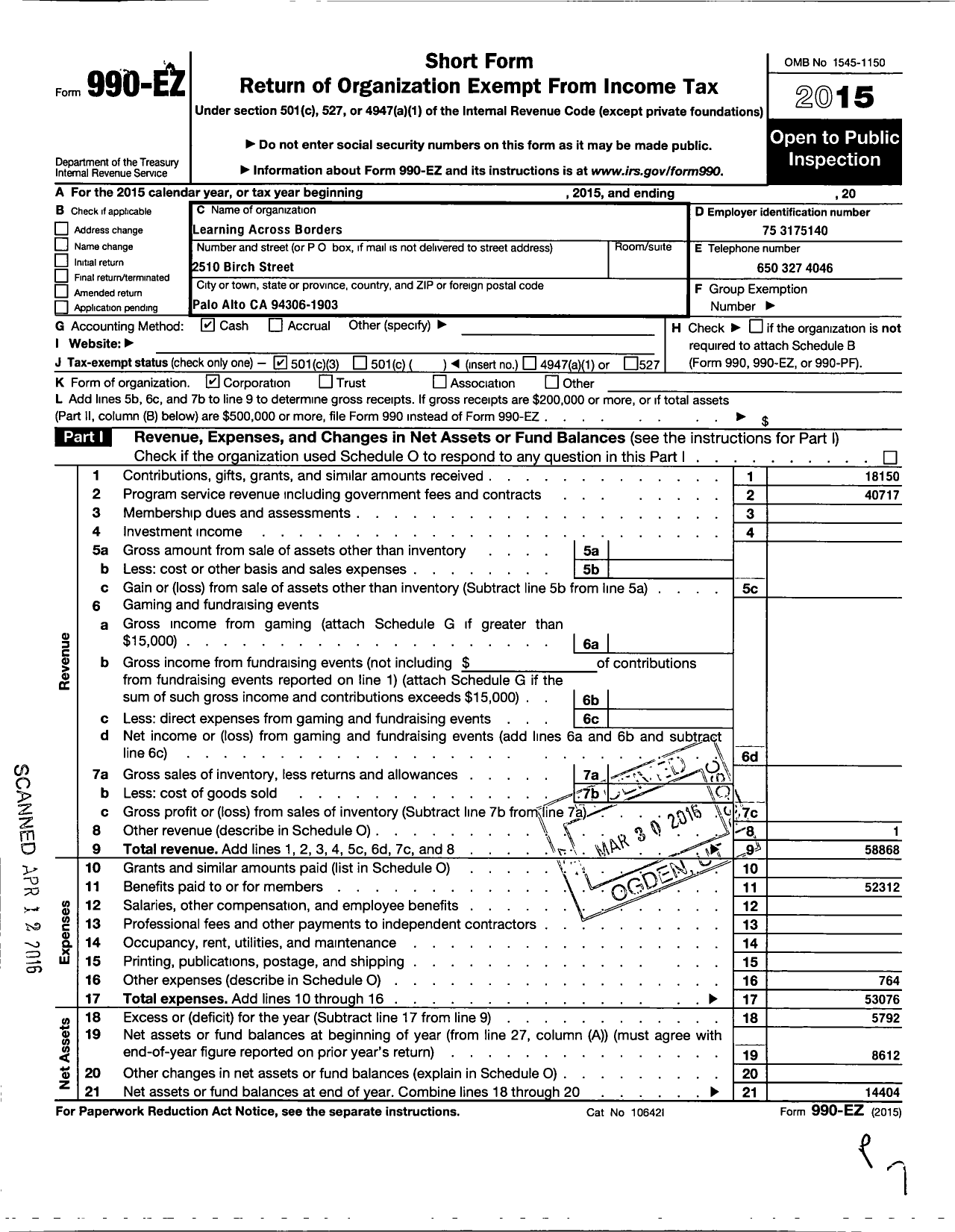 Image of first page of 2015 Form 990EZ for Learning Across Borders