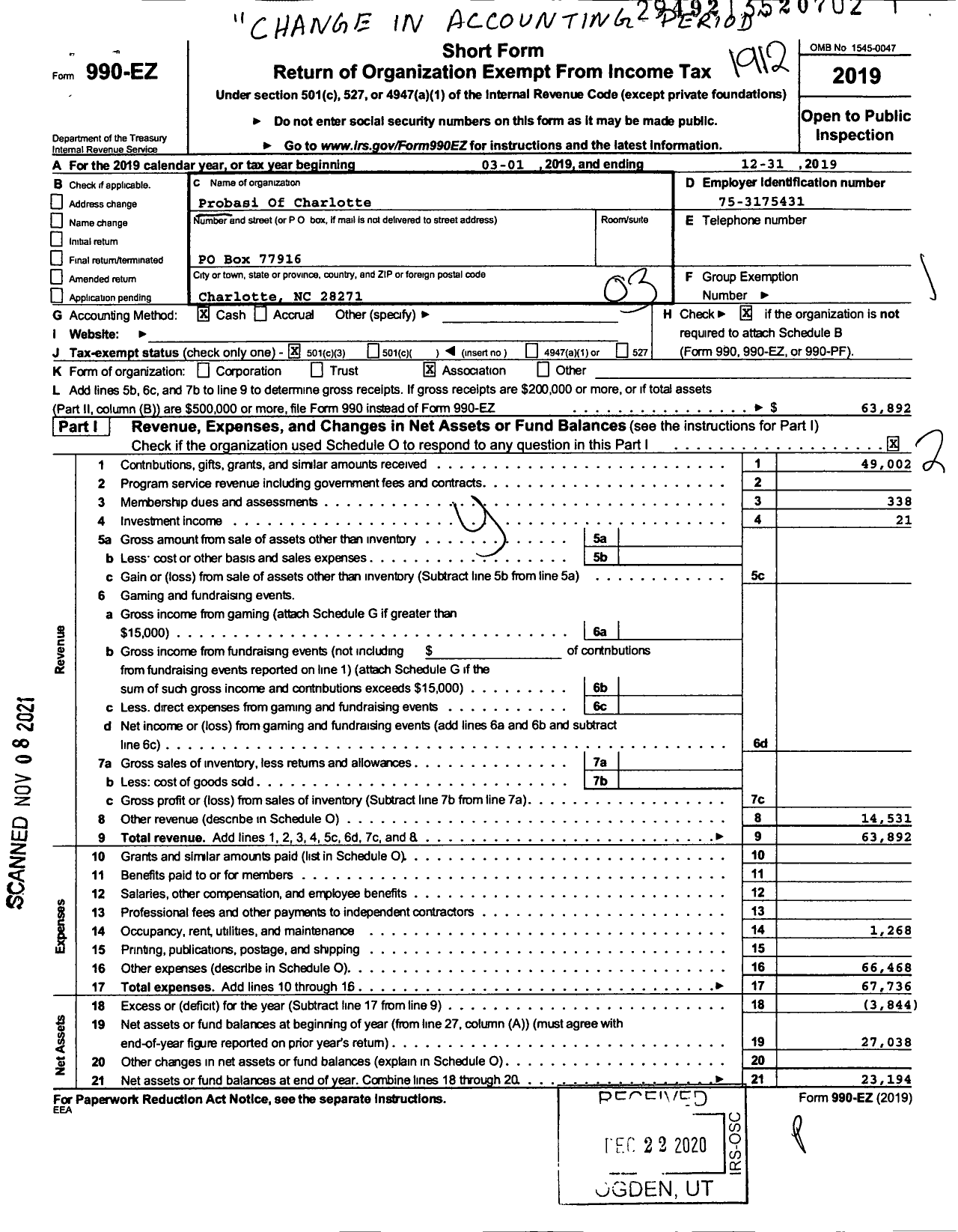Image of first page of 2019 Form 990EZ for Probasi Of Charlotte