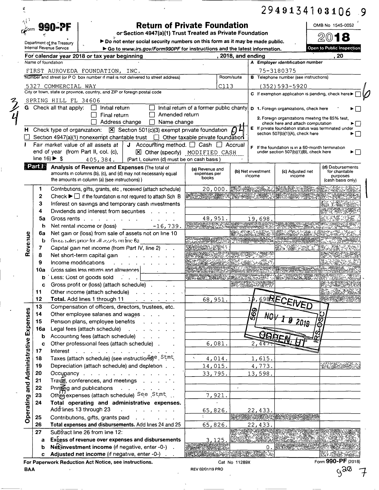 Image of first page of 2018 Form 990PF for First Auroveda Foundation