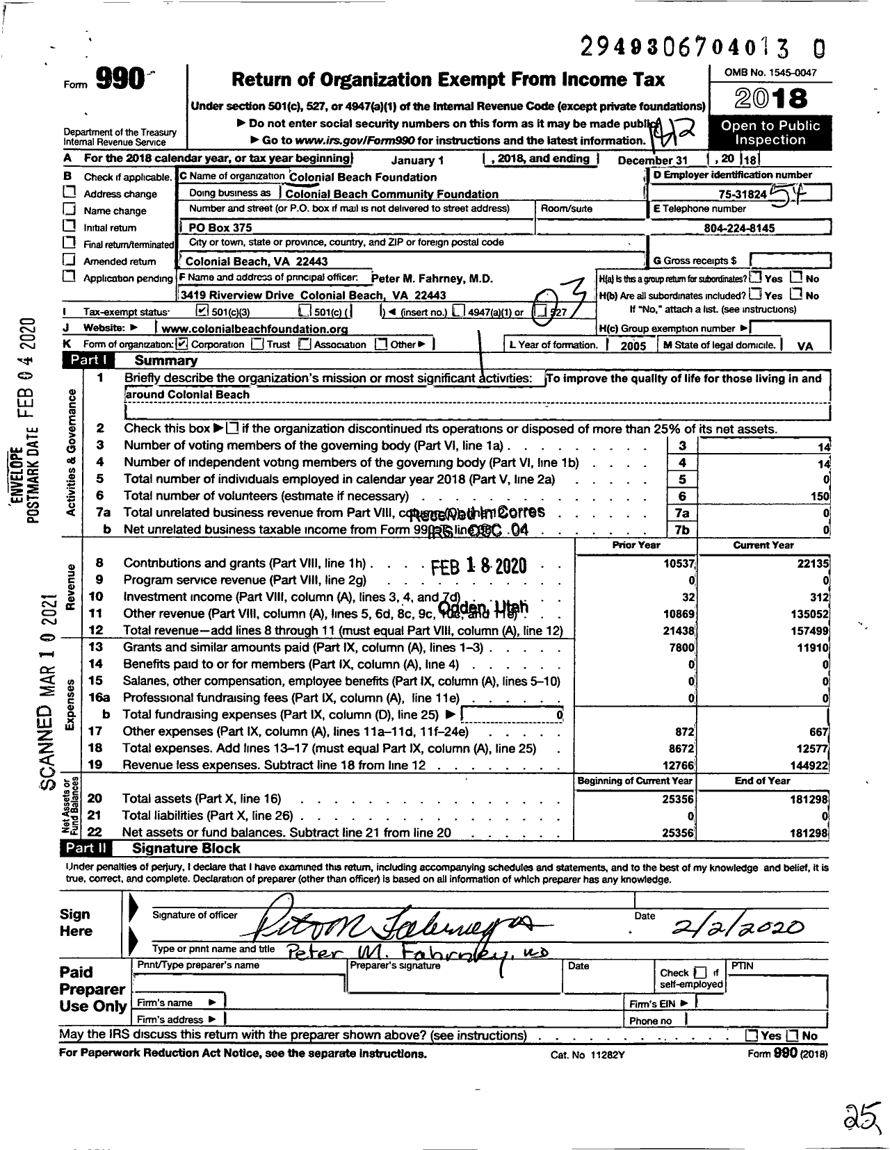 Image of first page of 2018 Form 990 for Colonial Beach Community Foundation