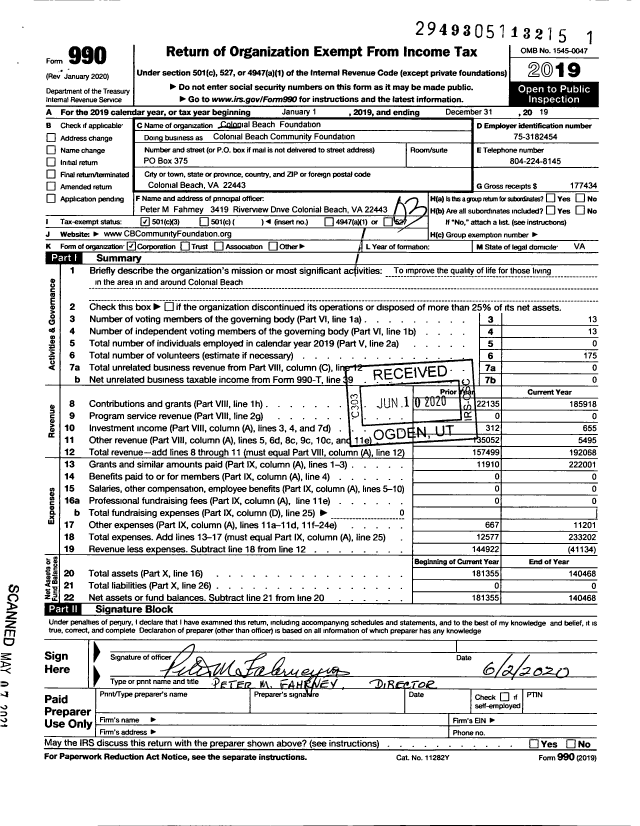 Image of first page of 2019 Form 990 for Colonial Beach Community Foundation