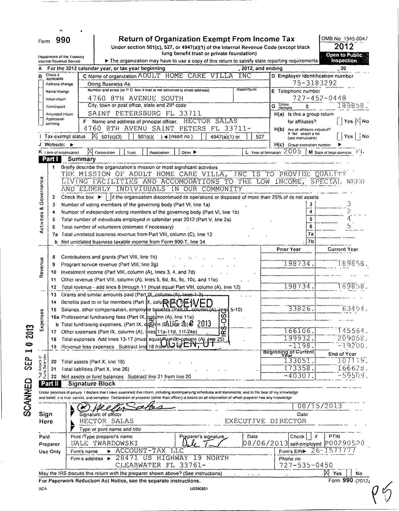 Image of first page of 2012 Form 990 for Adult Home Care Villas