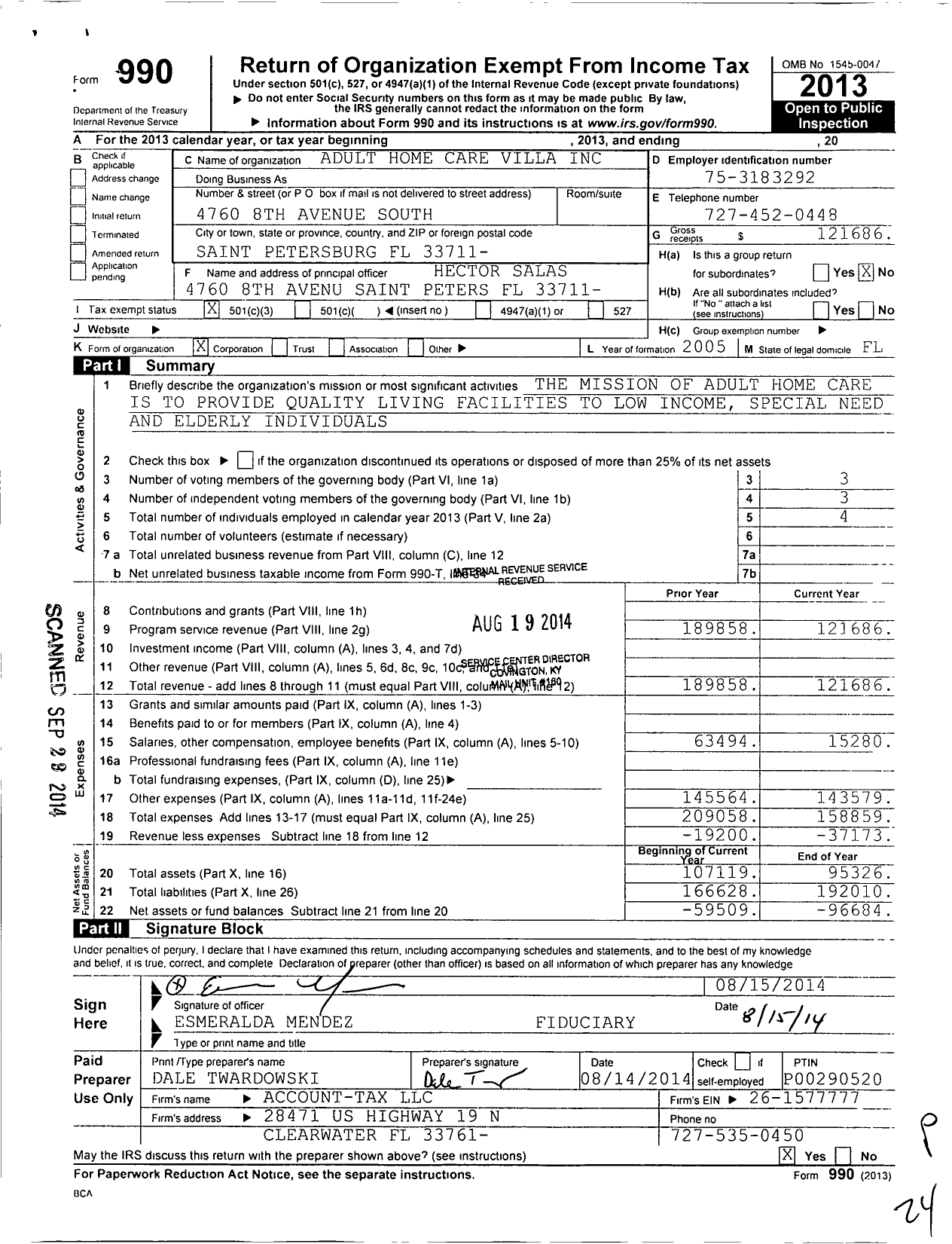 Image of first page of 2013 Form 990 for Adult Home Care Villas