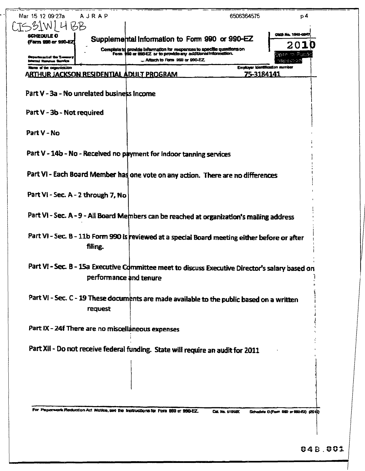 Image of first page of 2010 Form 990R for Arthur Jackson Residential Adult Program