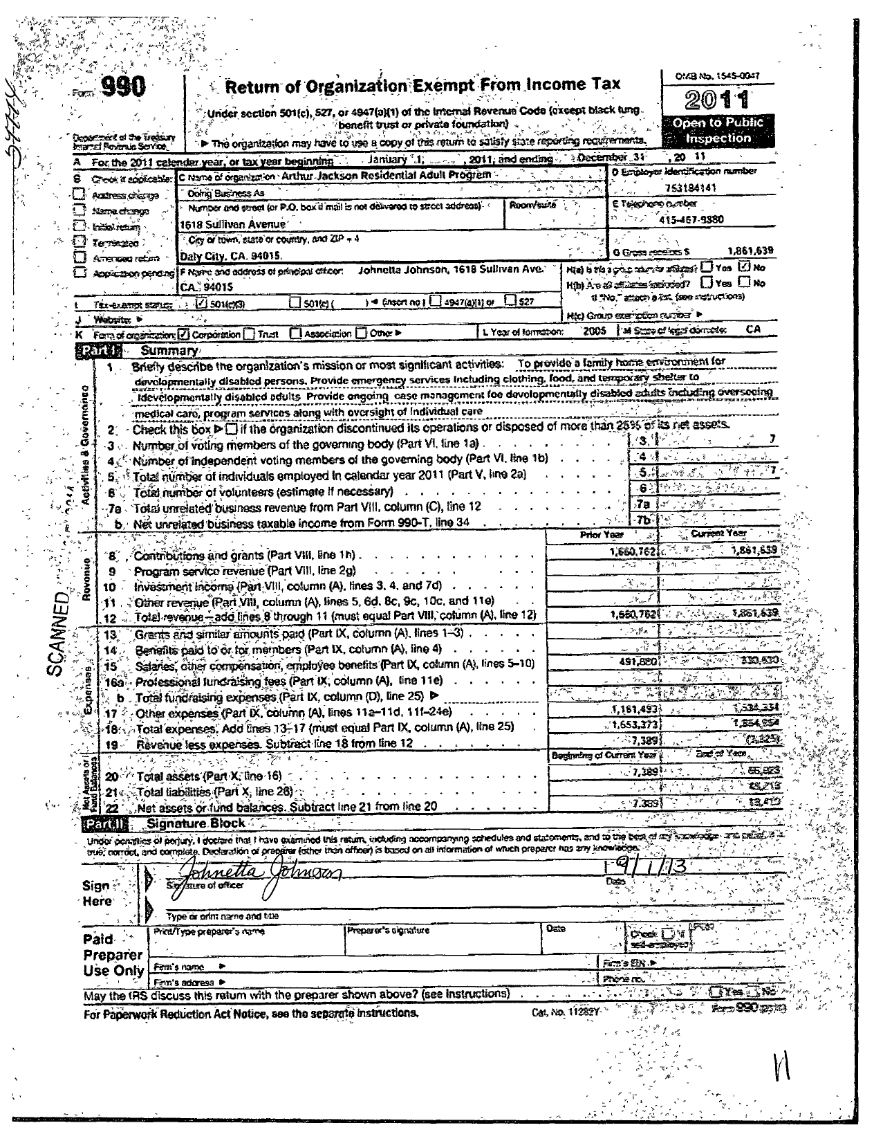 Image of first page of 2011 Form 990 for Arthur Jackson Residential Adult Program