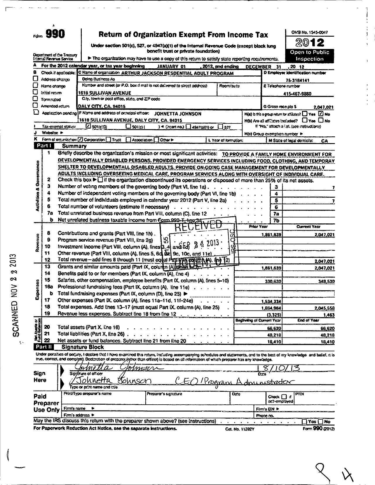 Image of first page of 2012 Form 990 for Arthur Jackson Residential Adult Program