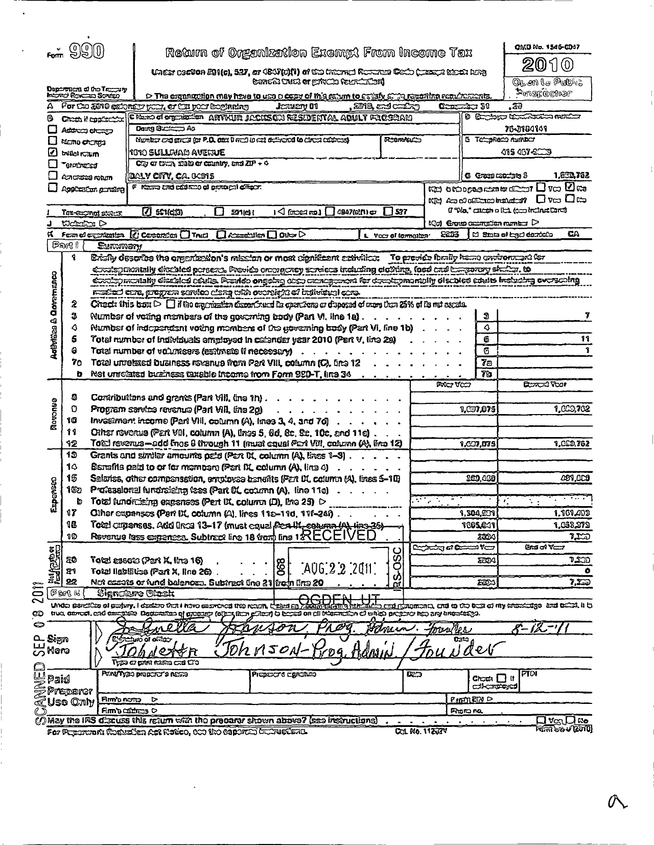Image of first page of 2010 Form 990 for Arthur Jackson Residential Adult Program