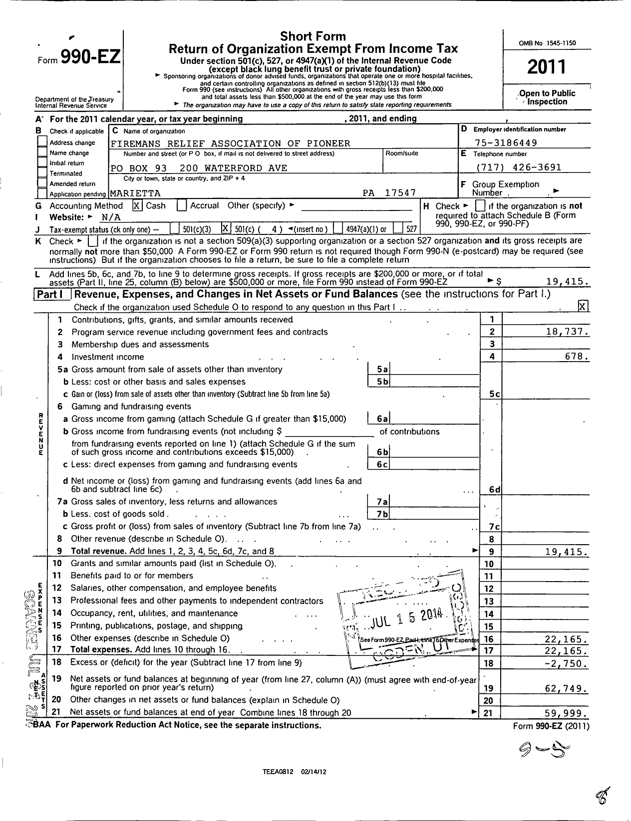 Image of first page of 2011 Form 990EO for Firemans Relief Association of Pioneer Fire No 1