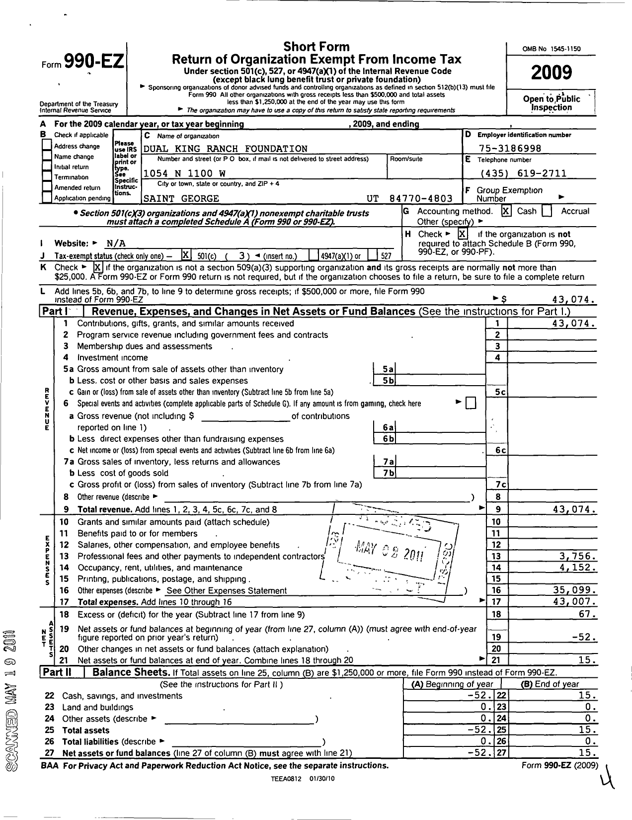 Image of first page of 2009 Form 990EZ for Dual King Ranch Foundation