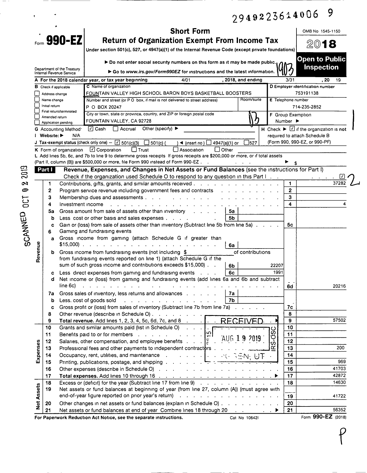 Image of first page of 2018 Form 990EZ for Fountain Valley High School Baron Boys Basketball Boosters