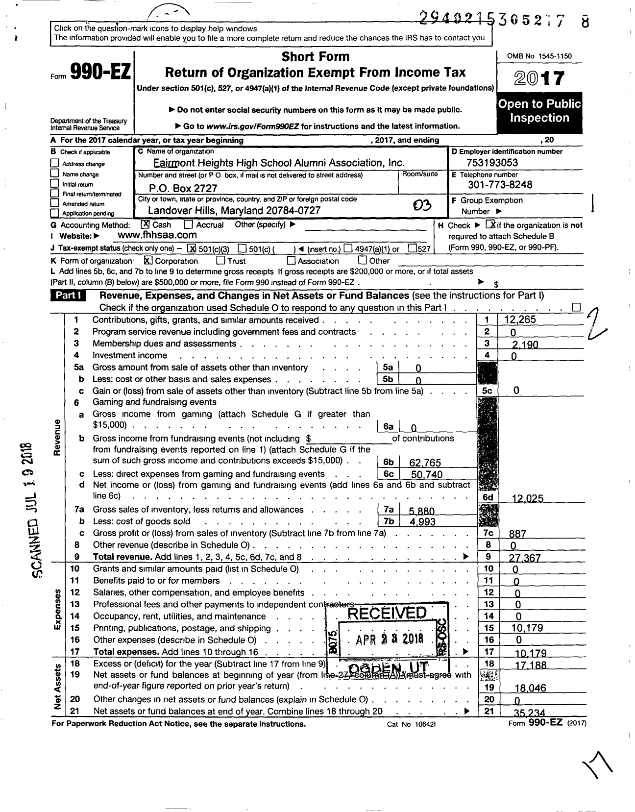 Image of first page of 2017 Form 990EZ for Fairmont Heights High School Alumni Association