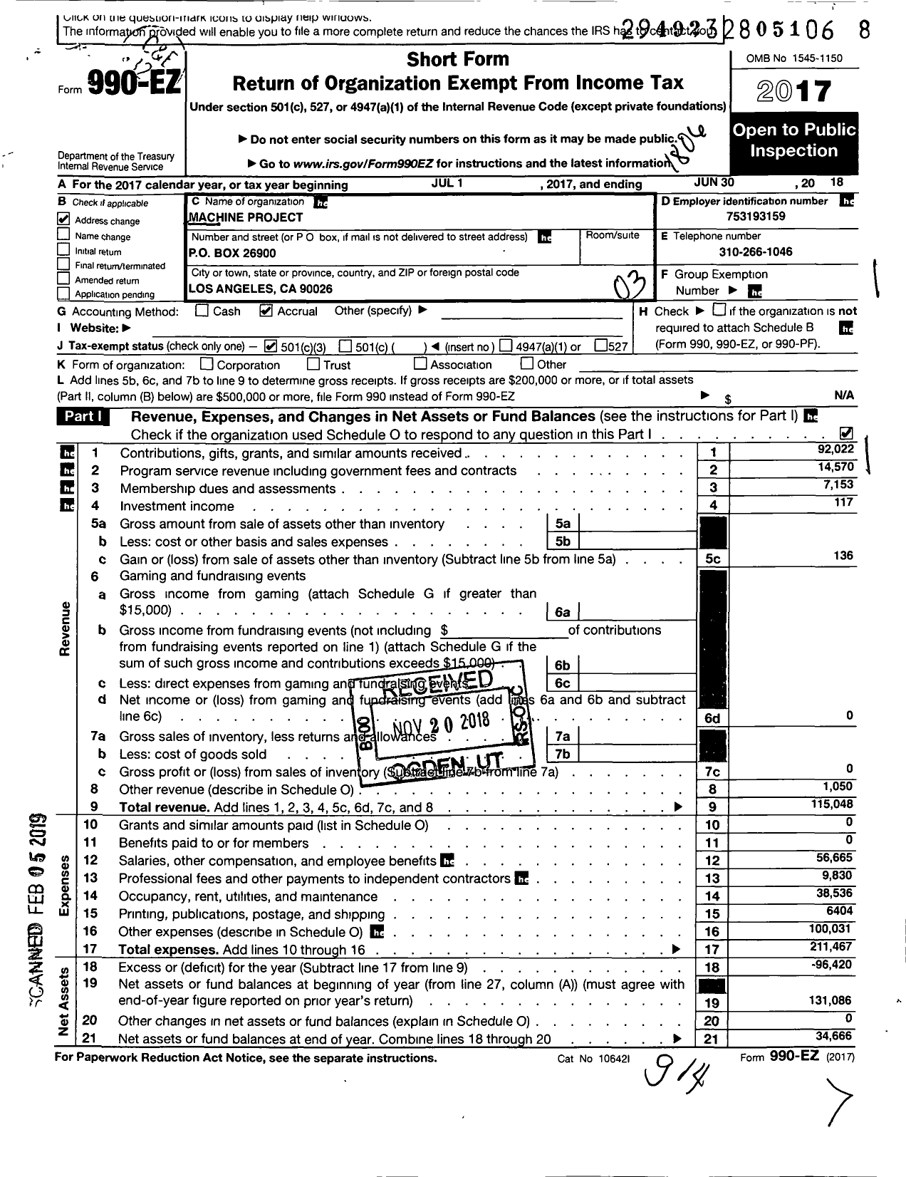 Image of first page of 2017 Form 990EZ for Machine Project