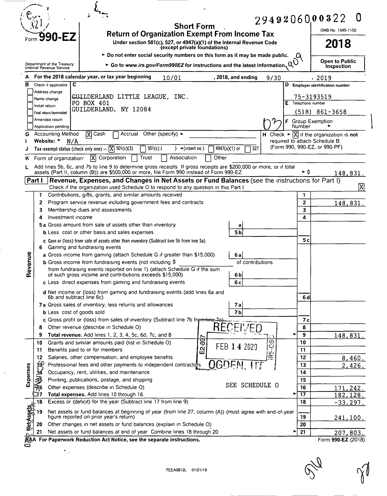 Image of first page of 2018 Form 990EZ for Guilderland Baseball